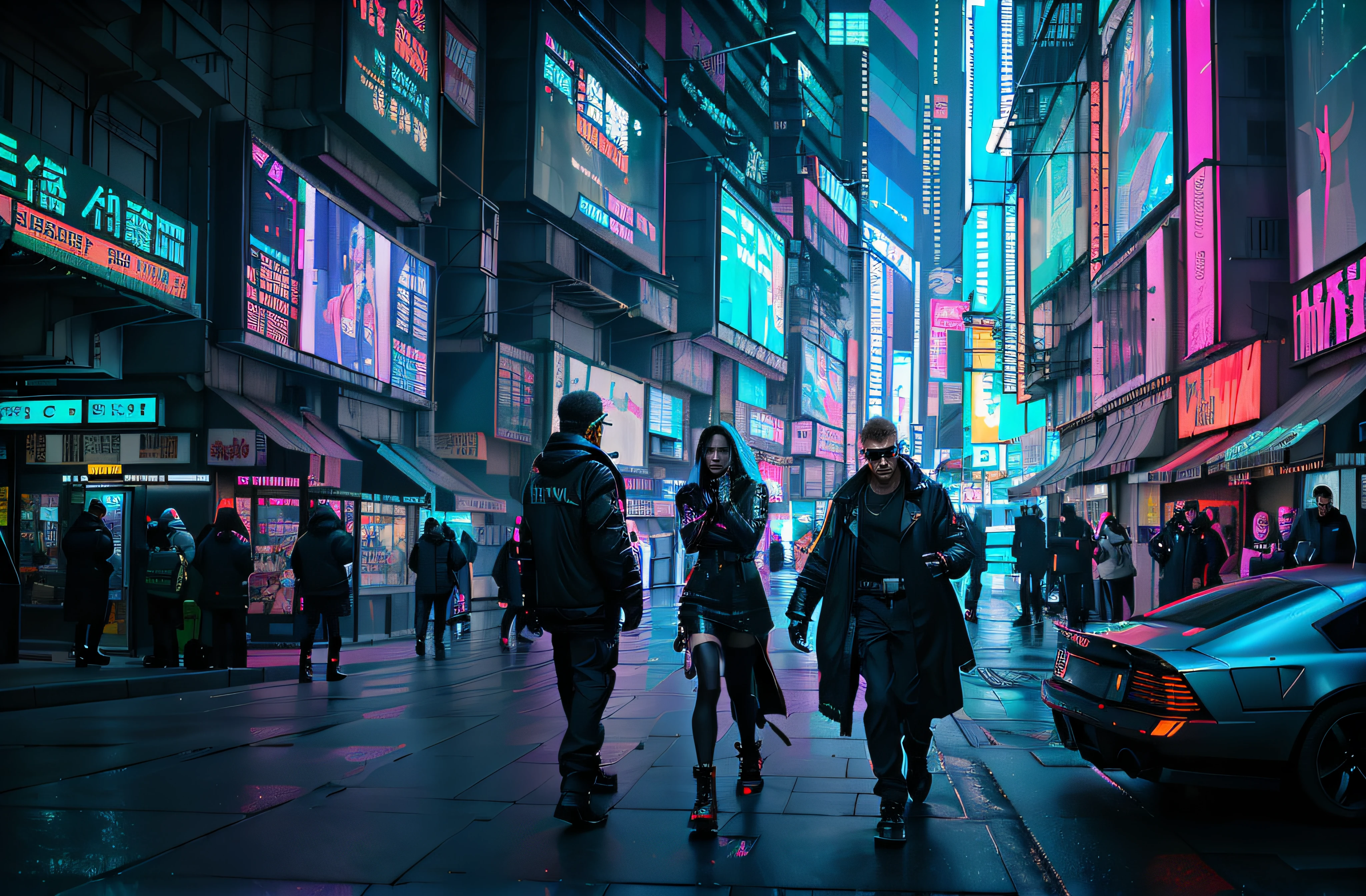 people walking down a city street at night with neon lights, cyberpunk blade runner art, in cyberpunk city, cyberpunk street, cyberpunk city street, cyberpunk night street, in a futuristic cyberpunk city, busy cyberpunk metropolis, cyberpunk in a cyberpunk city, futuristic cyberpunk scenario, sci-fi cyberpunk city street, cyberpunk art style, at a cyberpunk city, at an cyberpunk city, cyberpunk city, japan faces , cinematic view, realistic camera and light