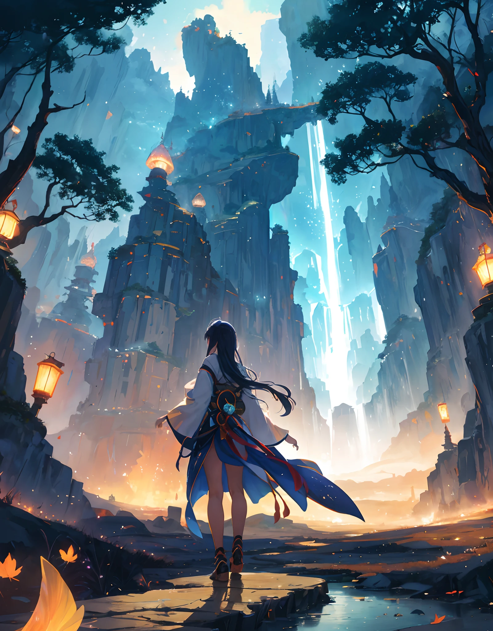 ancient fantasy world, a sunset above mountain range in the background masterpiece, tall cliff, rule of third, human walking back in the (human :0.8), beautiful art uhd 4 k, 4 k hd wallpaper very detailed, extraordinary colorful landscape, 4k highly detailed digital art, landscape wallpaper, scenic colorful environment, fantastic landscape, 8k high quality detailed art, majestic nature scenery, detailed painting 4 k, epic beautiful landscape, natural landscape beauty, Landscape, lots of glow particle, fireflies, very many lots of fireflies, makoto shinkai cyril rolando, kimi no nawa meteor, anime art wallpaper 8k, Top quality masterpiece, deep focus, macro shot, lots lamp, falling leaf, glowing light, object, color combination masterpiece, glowing light, dark, reflection, beautiful anime scene, japanese concept landscape art, volumetric lighting, bokeh, anime beautiful peace scene, pure lanscape, 8k beautiful anime, intricate, elegant, point of interest photography, anime (masterpiece, lighting, finely detailed), colorful sky, ray of light, rule of third, colorful landscape, (dew, water : 0.2), Fog, Colorful Natural Lighting Masterpiece, ( all nature element is glowing light : 1.2)