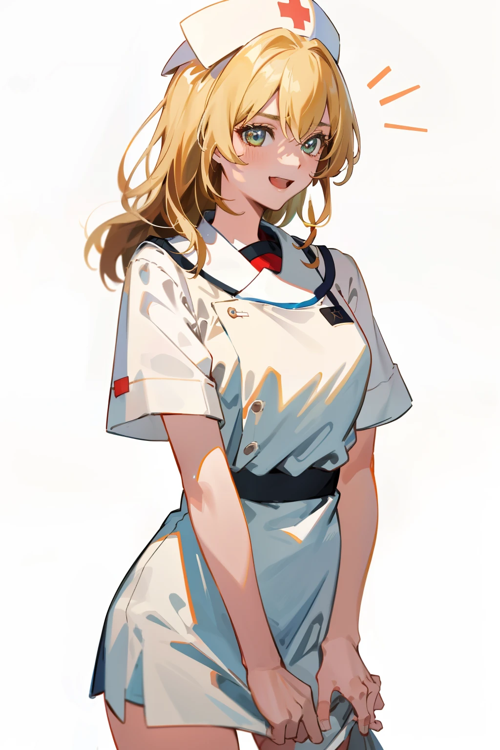 (8K、top-quality、top-quality、masterpiece、ighly detailed: 1.2)、女の子 1 人、The upper part of the body、A woman has an (Margot Robbie) Similar to、Wear nurse clothes and panties、(Naked nurse clothes、Pulling nurse clothes)、full of shyness、half laugh、at noon、 frombelow、blonde hair、a blond