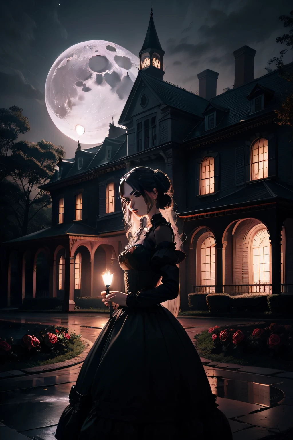 gloomy mansion full moon night with rose garden