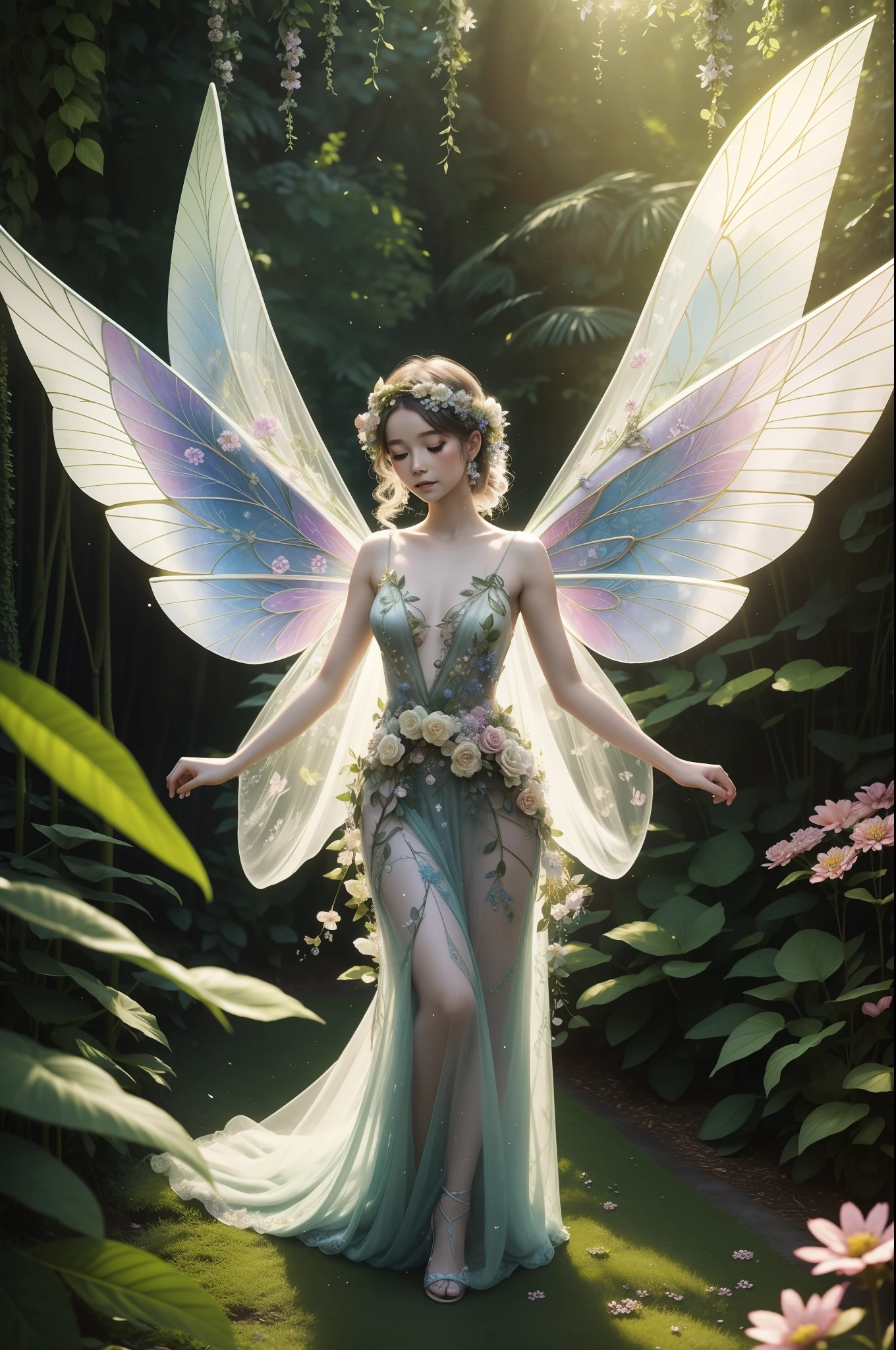 Flower fairy as the center of a whimsical forest scene where vibrant flowers and lush greenery create a magical backdrop. Flower Fairy, A delicate and ethereal existence, florals々Hovering gracefully, Her gossamer wings shimmer in the mottled sunshine. She wears a gown woven with petals and leaves, Decorated with intricate floral patterns that reflect her surroundings.