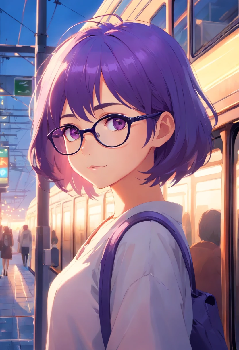 tmasterpiece, beste-Qualit, 1 girl, with purple hair,with glasses on, Waiting for the tram,The vibrant, a happy, warm soft lighting, morning