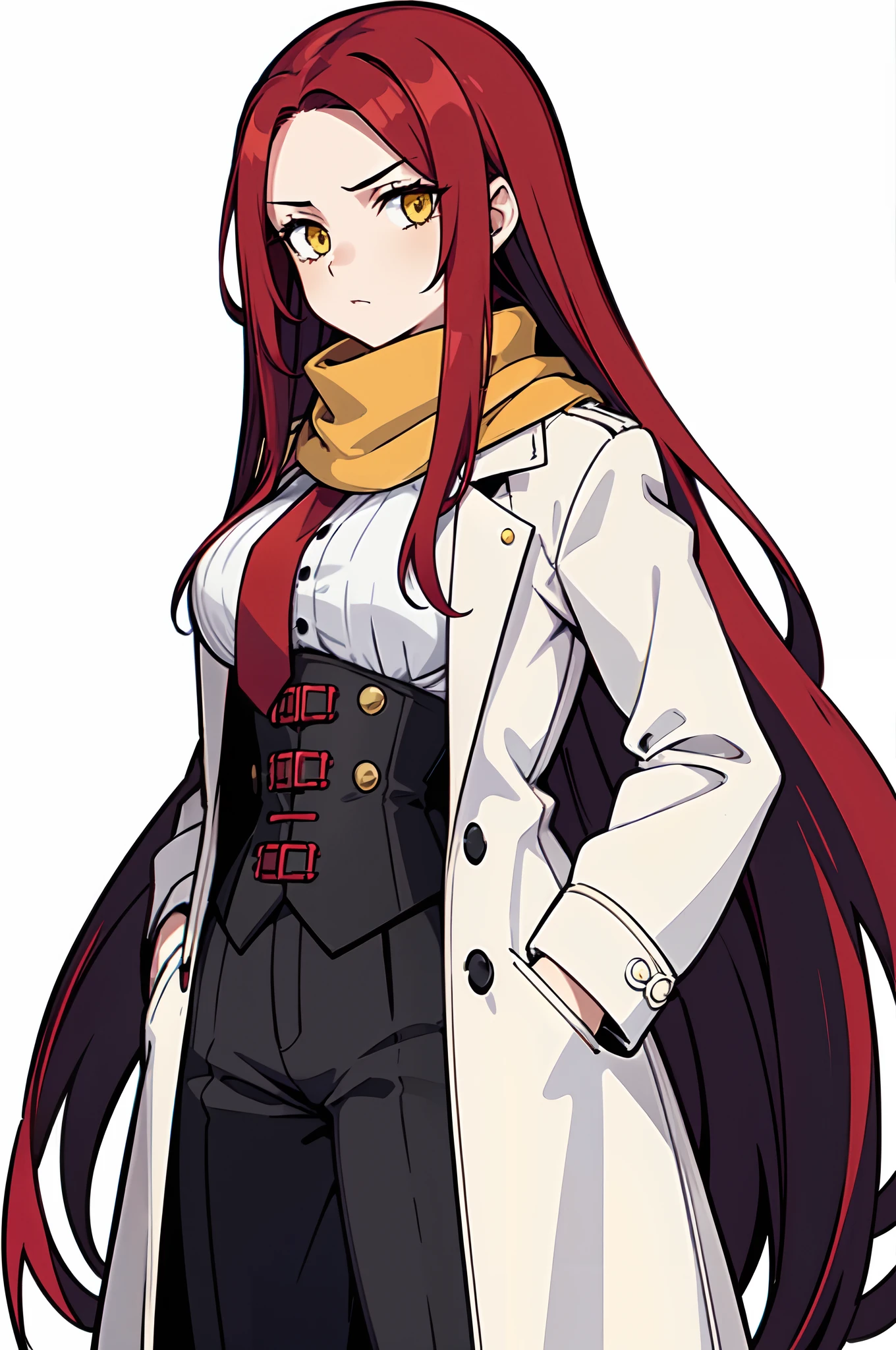 1girl, solo, scarlet red hair, long hair, big hair, forehead, yellow eyes, ??????????????, neutral, shaded face, (hands on pockets:1.2), white overcoat, underbust, black corset, pants, scarf, looking at viewer, white background, simple background, transparent background, standing, upper body, masterpiece, best quality, 16k,