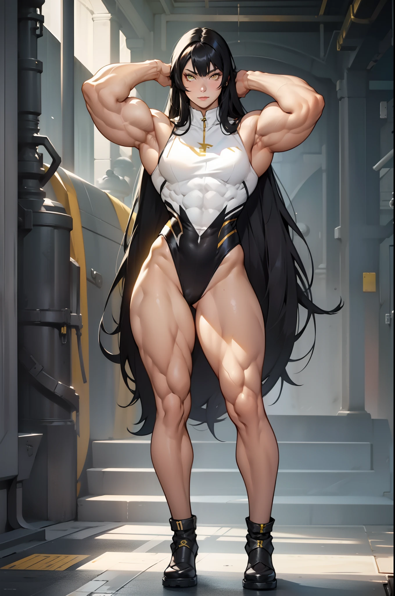 (((((1 girl))))), black hair, yellow eyes, very long hair, ((((((muscular)))))), tall, pale skin, tight dress, ((full body)), (solo), leotard, arms over head