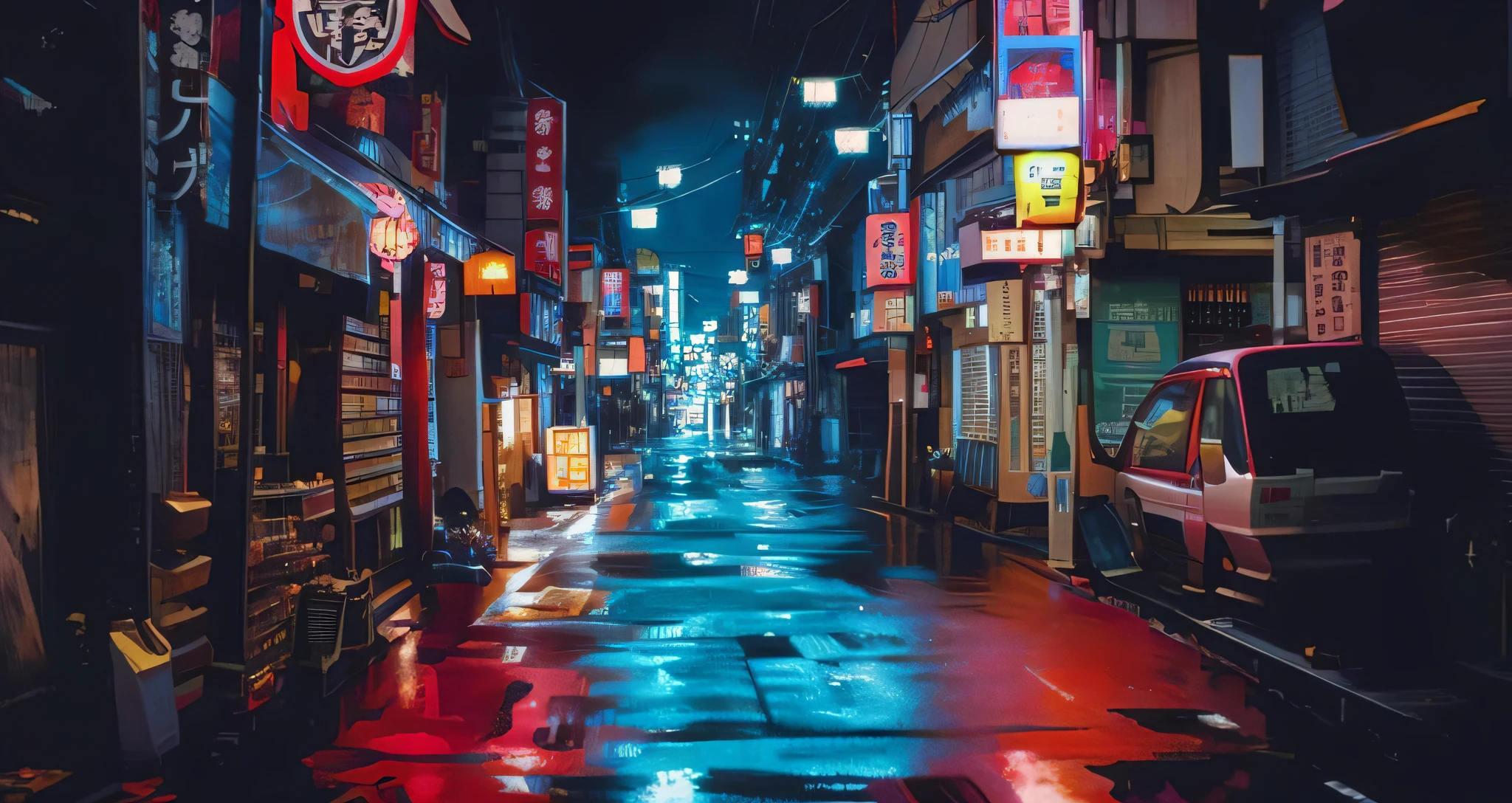 Wire view of a wet street at night with neon signs, cyberpunk streets in japan, japanese city at night, quiet tokyo alley at night, Rua Japonesa, in a japanese town at night, busy wet street at night, neon tokyo, japan at night, tokyo alleyway, rua da cidade noite, Noite de rua, cyberpunk streets at night, Tokyo street