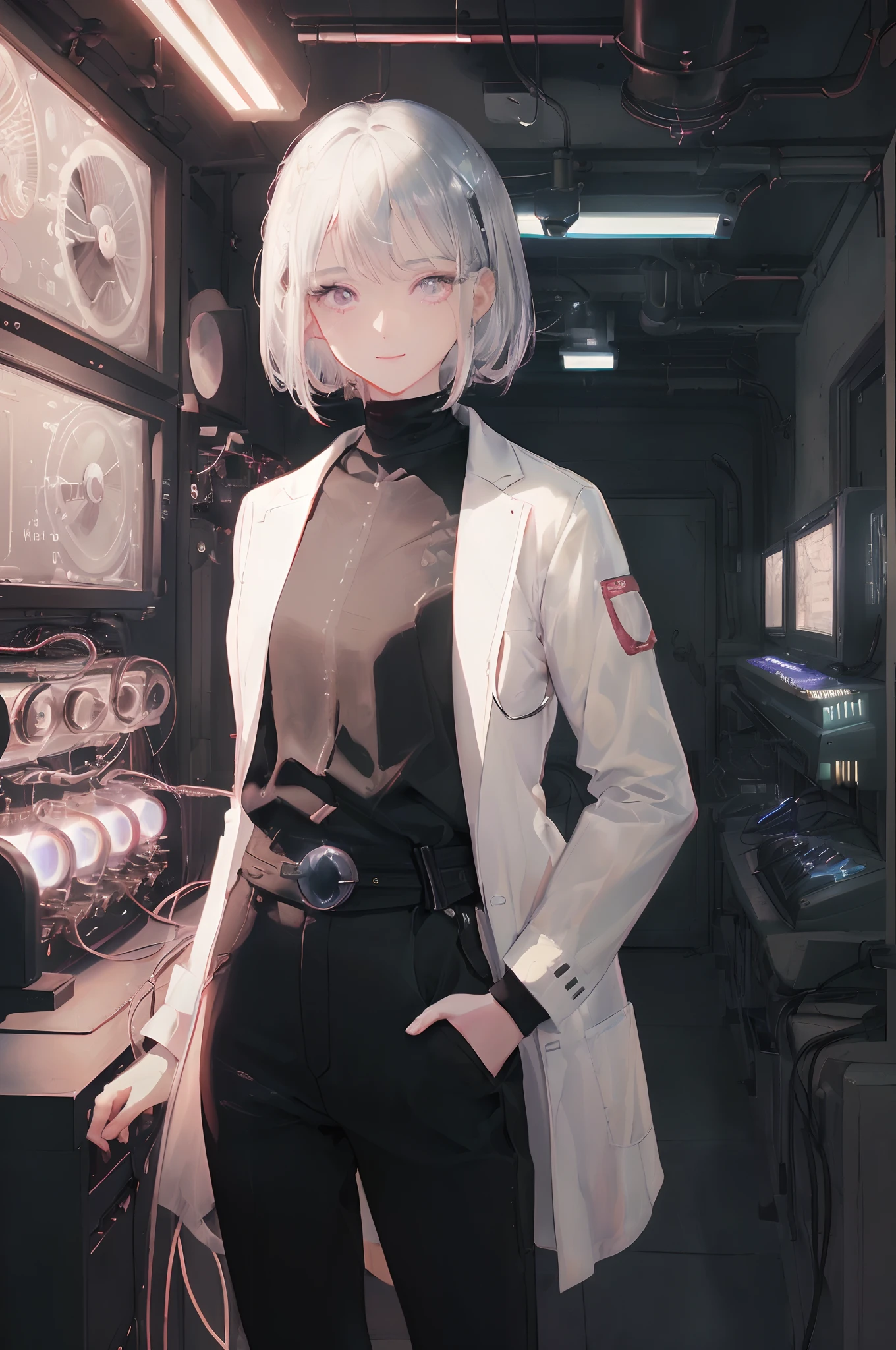 art by Cornflower, dreamy
(flat color, (masterpiece:1.5), (best quality:1.5), amazing, beautiful detailed, extremely detailed wallpaper, extremely detailed CG unity 8k wallpaper, extremely delicate and beautiful, finely detailed, extremely detailed wallpaper, fantasy, official art, detailed background, (beautiful detailed shadow: 1.5, cinematic lighting, backlight), [((symmetrical geometry, science fiction: 1.5, vacuumpunk: 1.5, 1960s (style): 1.5, ArtDeco), (control room, nixie tubes: 1.8, machines, silver, metallochrome, wires, vacuum tubes, old computers, simple screens))::0.75], [((solo: 1.5), (1 girl), (teenage girl, cute, extremely detailed eyes and face, clear eyes, clear face, white medium hair, red eyes, white lab coat: 1.5, hands in pocket: 1.5, black shirt: 1.5, black trousers, looking at viewer, light smile: 1.3, cropped torso: 1.8, medium close up: 1.5, waist shot: 1.5), depth of field): 0.25])