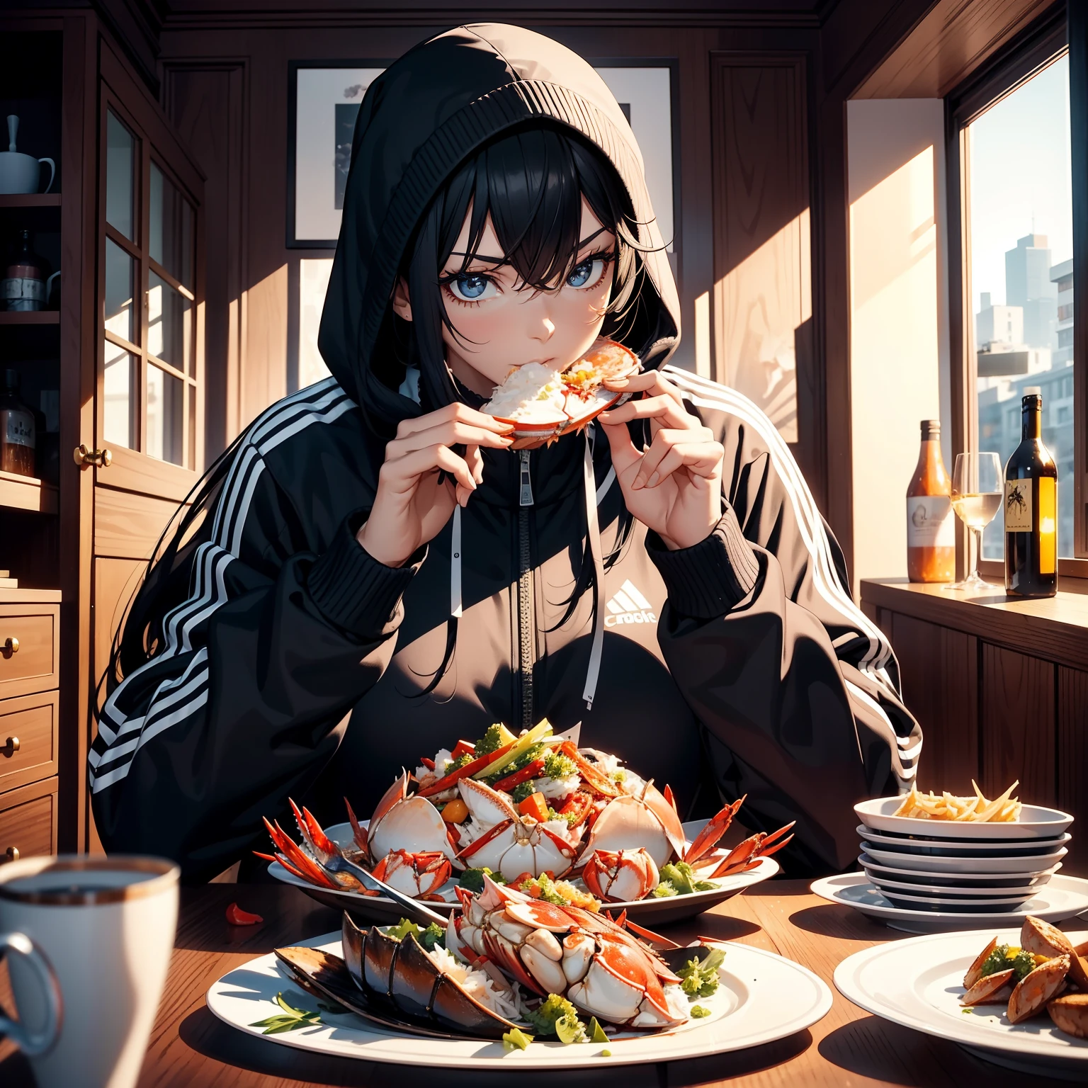 Best quality,tmasterpiece,On the table was an oversized crab,Giant crabs make up four-fifths of the human body,Equal proportions,Beutiful women,being thin,Perfect figure,Dark tracksuit,Eating crabs,depth of fields,sofe,Modern apartment inside,Private family home