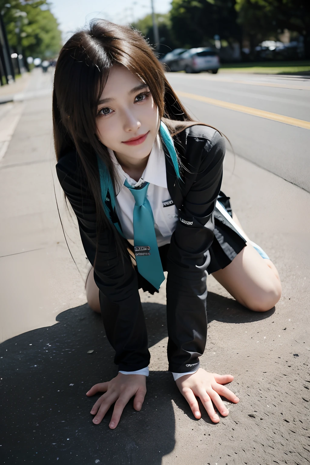 ((())), Cross-eyed, Drunken eyes, Hatsune Miku, En plein air, ys, on the floor on all fours