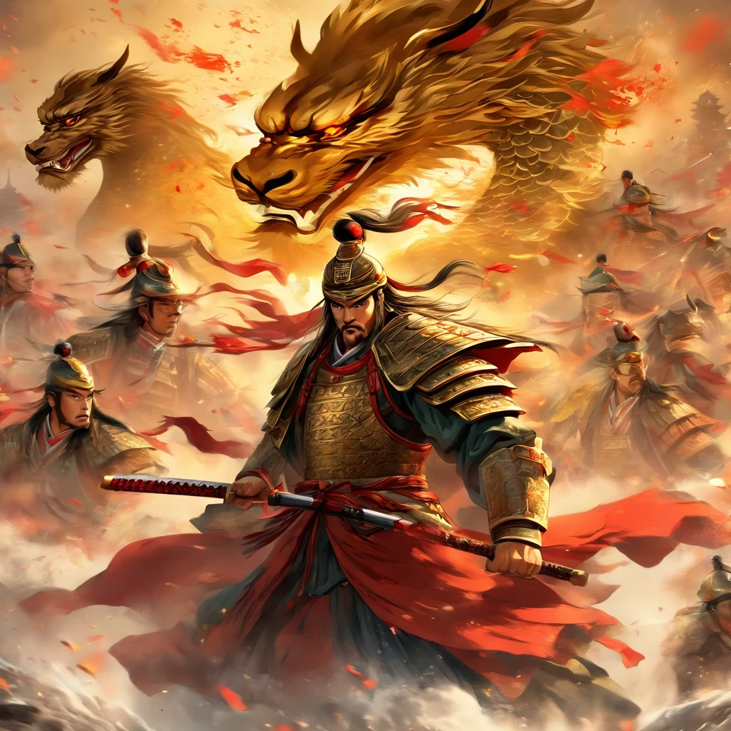 (best quality,4k,8k,highres,masterpiece:1.2),ultra-detailed,(realistic,photorealistic,photo-realistic:1.37),Chinese general,traditional art style,richly colored uniforms,vivid and dynamic brushstrokes,ancient battlefield setting,warrior spirit,ornamental armor and helmet,symbolic horse,commanding presence,courageous expression,heroic posture,historical portrait,proud and noble features,ink and wash painting style,finely detailed facial features,dynamic composition,imposing stature,strategic battlefield map,strong and confident gaze,fierce determination,bursting energy,ancient war flag,foggy ambiance,golden sunlight illuminating the scene,traditional Chinese calligraphy in the background,authentic battle scene,attention to historical accuracy,dynamic motion,commanding army in the distance,majestic mountains as backdrop,impressive battle formation,martial arts expertise and weapons proficiency,wisdom and leadership,aura of authority,atmospheric perspective,dramatic lighting,heroic legend,classic Chinese metaphor,strong sense of tradition and cultural heritage