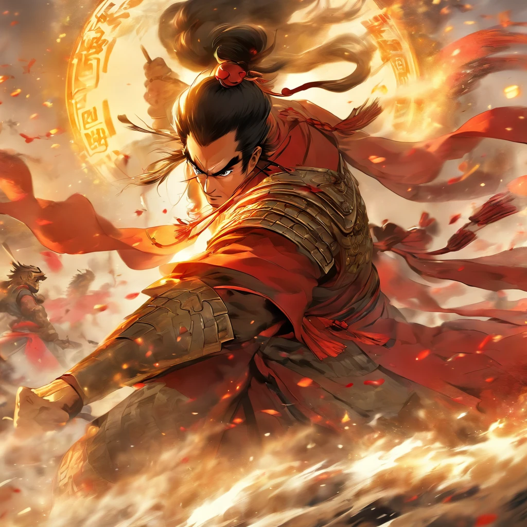 (best quality,4k,8k,highres,masterpiece:1.2),ultra-detailed,(realistic,photorealistic,photo-realistic:1.37),Chinese general,traditional art style,richly colored uniforms,vivid and dynamic brushstrokes,ancient battlefield setting,warrior spirit,ornamental armor and helmet,symbolic horse,commanding presence,courageous expression,heroic posture,historical portrait,proud and noble features,ink and wash painting style,finely detailed facial features,dynamic composition,imposing stature,strategic battlefield map,strong and confident gaze,fierce determination,bursting energy,ancient war flag,foggy ambiance,golden sunlight illuminating the scene,traditional Chinese calligraphy in the background,authentic battle scene,attention to historical accuracy,dynamic motion,commanding army in the distance,majestic mountains as backdrop,impressive battle formation,martial arts expertise and weapons proficiency,wisdom and leadership,aura of authority,atmospheric perspective,dramatic lighting,heroic legend,classic Chinese metaphor,strong sense of tradition and cultural heritage