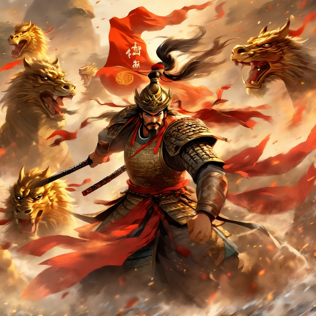 (best quality,4k,8k,highres,masterpiece:1.2),ultra-detailed,(realistic,photorealistic,photo-realistic:1.37),Chinese general,traditional art style,richly colored uniforms,vivid and dynamic brushstrokes,ancient battlefield setting,warrior spirit,ornamental armor and helmet,symbolic horse,commanding presence,courageous expression,heroic posture,historical portrait,proud and noble features,ink and wash painting style,finely detailed facial features,dynamic composition,imposing stature,strategic battlefield map,strong and confident gaze,fierce determination,bursting energy,ancient war flag,foggy ambiance,golden sunlight illuminating the scene,traditional Chinese calligraphy in the background,authentic battle scene,attention to historical accuracy,dynamic motion,commanding army in the distance,majestic mountains as backdrop,impressive battle formation,martial arts expertise and weapons proficiency,wisdom and leadership,aura of authority,atmospheric perspective,dramatic lighting,heroic legend,classic Chinese metaphor,strong sense of tradition and cultural heritage