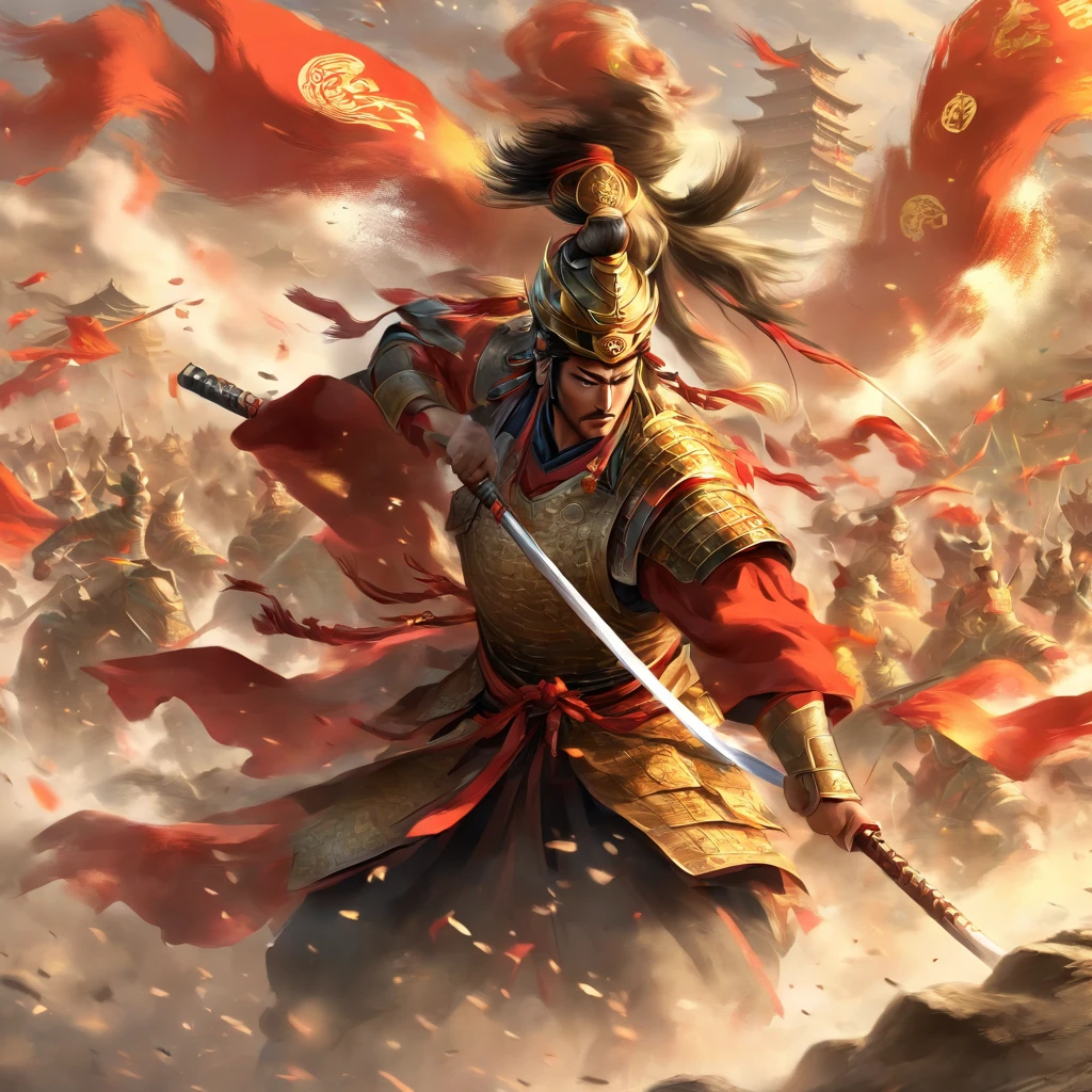 (best quality,4k,8k,highres,masterpiece:1.2),ultra-detailed,(realistic,photorealistic,photo-realistic:1.37),Chinese general,traditional art style,richly colored uniforms,vivid and dynamic brushstrokes,ancient battlefield setting,warrior spirit,ornamental armor and helmet,symbolic horse,commanding presence,courageous expression,heroic posture,historical portrait,proud and noble features,ink and wash painting style,finely detailed facial features,dynamic composition,imposing stature,strategic battlefield map,strong and confident gaze,fierce determination,bursting energy,ancient war flag,foggy ambiance,golden sunlight illuminating the scene,traditional Chinese calligraphy in the background,authentic battle scene,attention to historical accuracy,dynamic motion,commanding army in the distance,majestic mountains as backdrop,impressive battle formation,martial arts expertise and weapons proficiency,wisdom and leadership,aura of authority,atmospheric perspective,dramatic lighting,heroic legend,classic Chinese metaphor,strong sense of tradition and cultural heritage