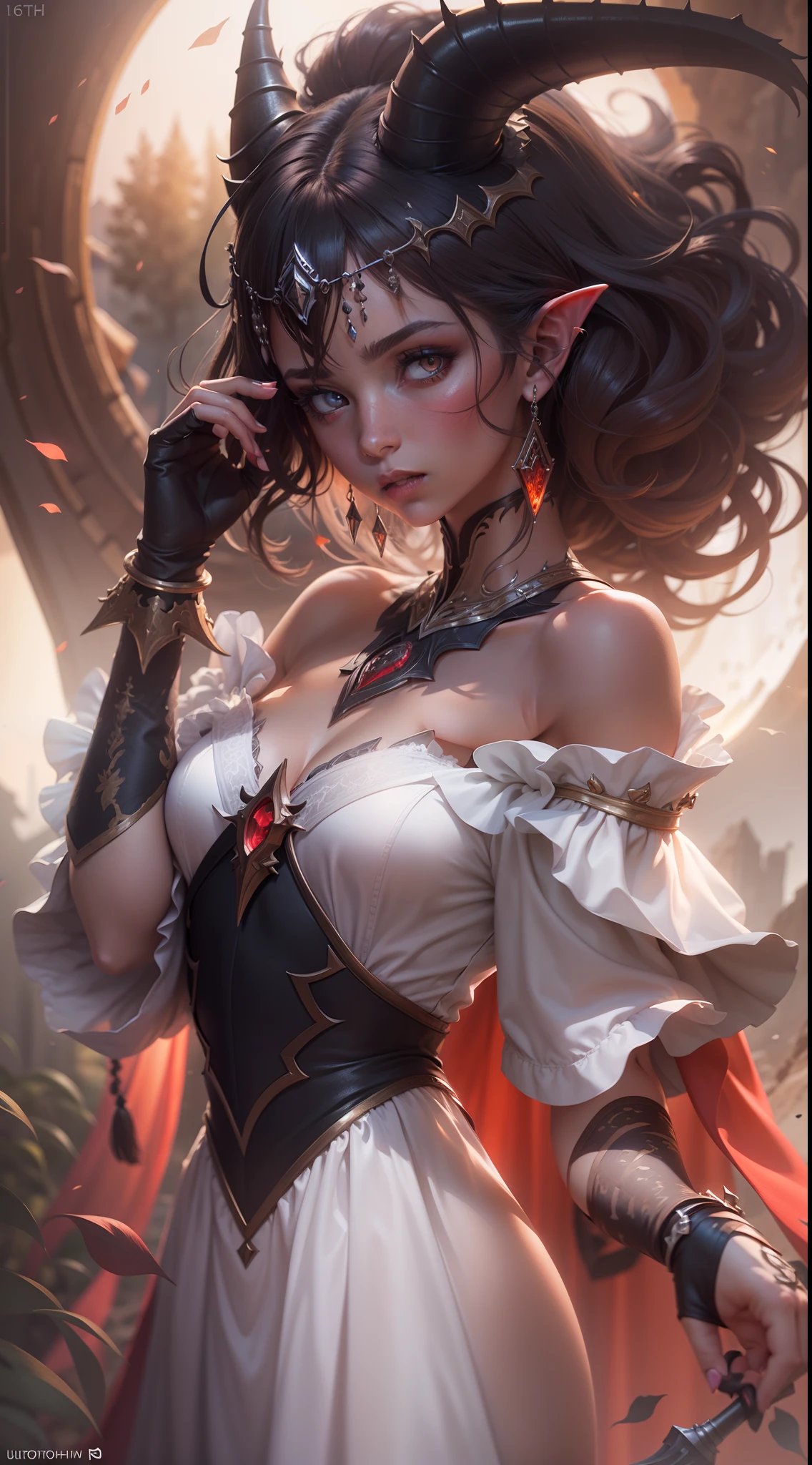 Beautiful vampire tiefling, peach skin, brown hair, black hair, silver jewellry, crimson eyes, one horn, graceful, gorgeous, detailed black frilled dress, beautiful country background,dungeons and dragons, rpg, hi res, 4k, 8k, 16k, bright moonlight, white moon ultrahd,realistic, photon mapping, radiosity, cinematic lighting, sharp focus,,, ultrahigh res, best quality, cinematic epic + rule of thirds, volumetric lighting, volumetric light, concept art, portait image, path tracing, serene landscape, high quality, highly detailed, 8K,, warm colors, anatomically correct, concept art, defined face, five fingers,