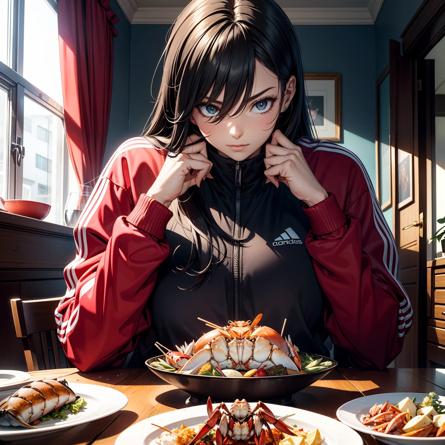 Best quality,tmasterpiece,On the table was an oversized crab,Giant crabs make up four-fifths of the human body,Equal proportions,Beutiful women,being thin,Perfect figure,Dark tracksuit,Eating crabs,depth of fields,sofe,Modern apartment inside,Private family home