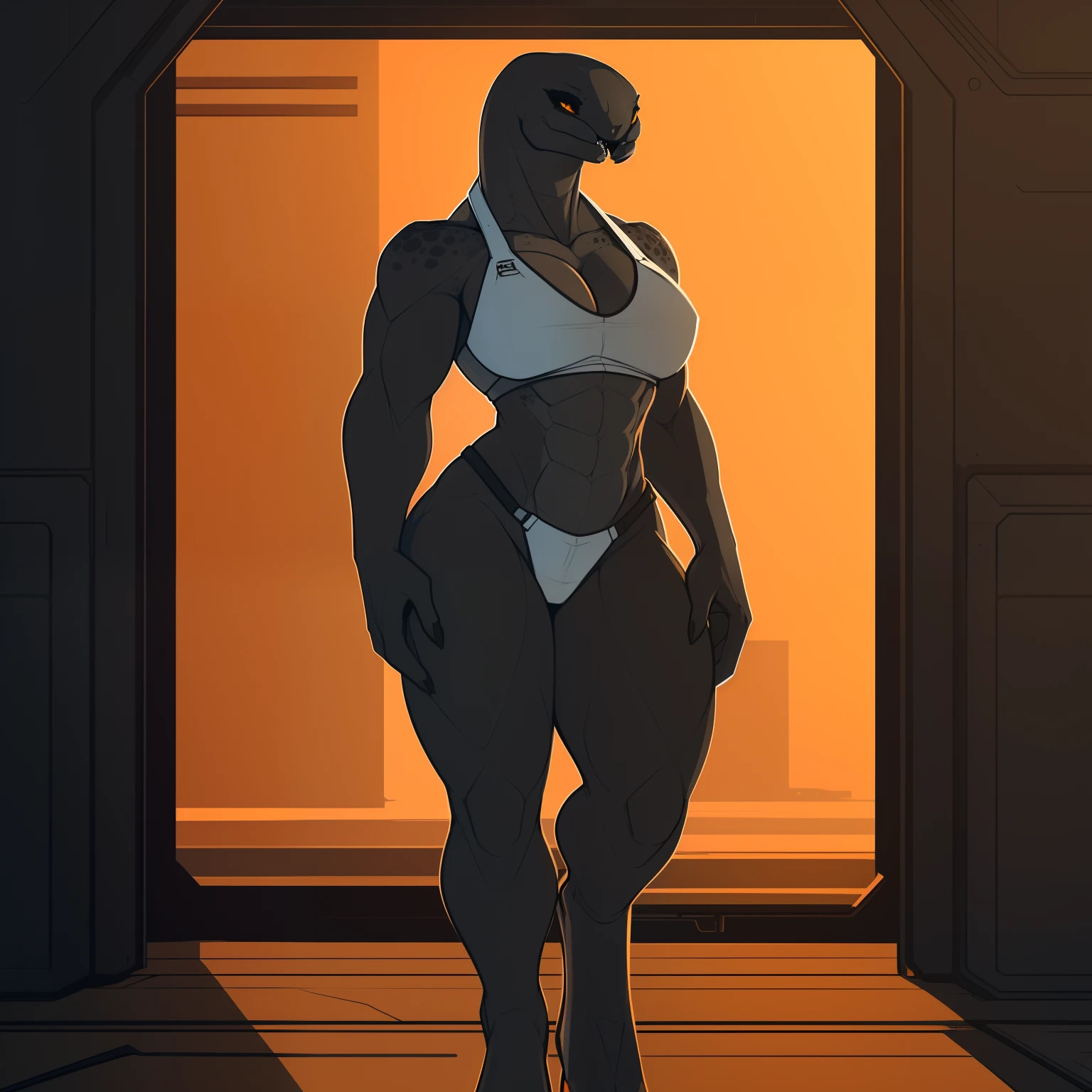 Tall_Muscular_mature_sangheili female dark_gray_scaled_body orange_iris black_sclera solo Masterpiece best_quality absurdres highly_detailed cleanly_drawn_eyes anthro_only by_claweddrip, by_greasymojo, by_underscore-b, by_runawaystride