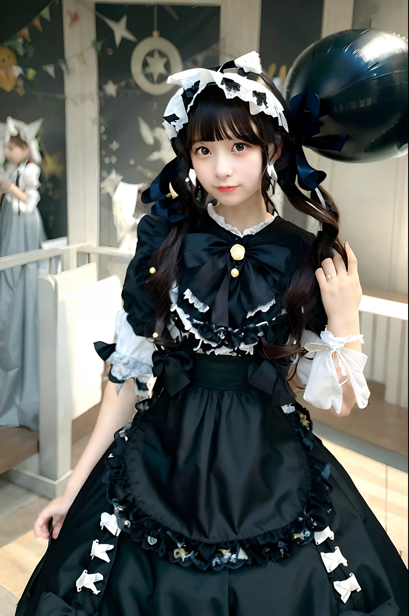 Close up portrait of woman in dress and bunch of balloons, cosplay of a catboy! maid! Dress, portrait of the magical  girl, maid dress, maid clothes, alice from alice in wonder land, Lolita, angelic pretty, Lolita Fashicoco dress, rococo ruffles dress, anime girls in maid costumes, loli in dress