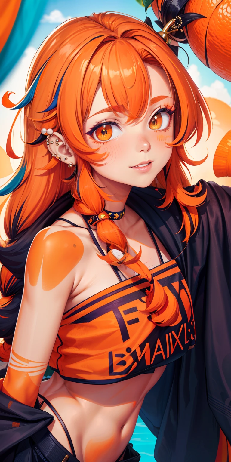 (moletom com capuz:1.1),((master part)), ((best quality)), (ultra-detalhado), ((extremamente detalhado)), 4k, (8k), best quality, (Beautiful), extremamente detalhado,Rapariga, legal,(1girl), sozinho,corte de bob,side braid,(orange coloration:1.6),Cabelos laranjas bonitos,lindos olhos cor laranja, beautiful lips,(seios nos:1.2),esguio, sorriso triste, Brincos,(Muitos brincos),Piercing na orelha