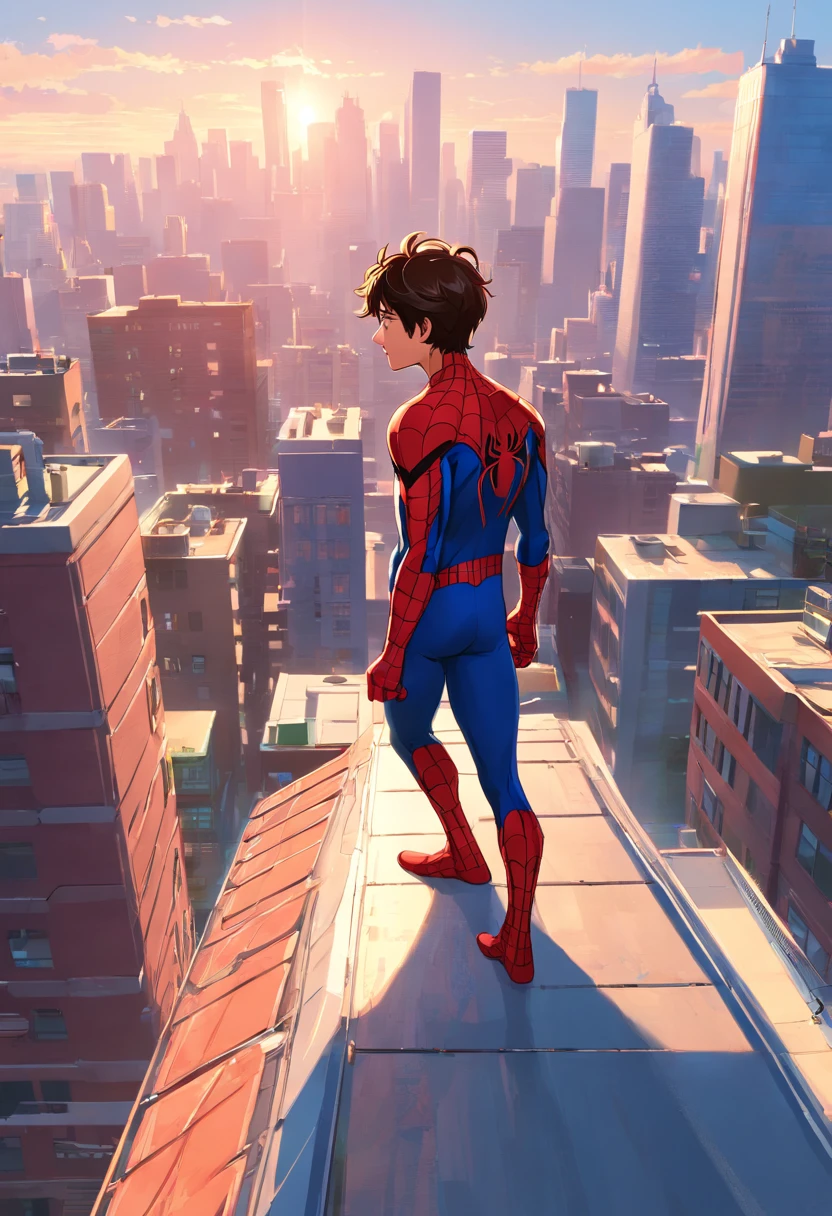 Spider - man in suit standing on roof against city background, Pedro Parker, spider-man, Spider - Man, portrait of spiderman, HQ 4K Wallpapers, highly detailed spider - man, Peter Parker as Spider-Man, Futuristic Spider-Man style, 8k render", medium close - up ( mcu ), spider-man, Art Station 4K Trends, cg art