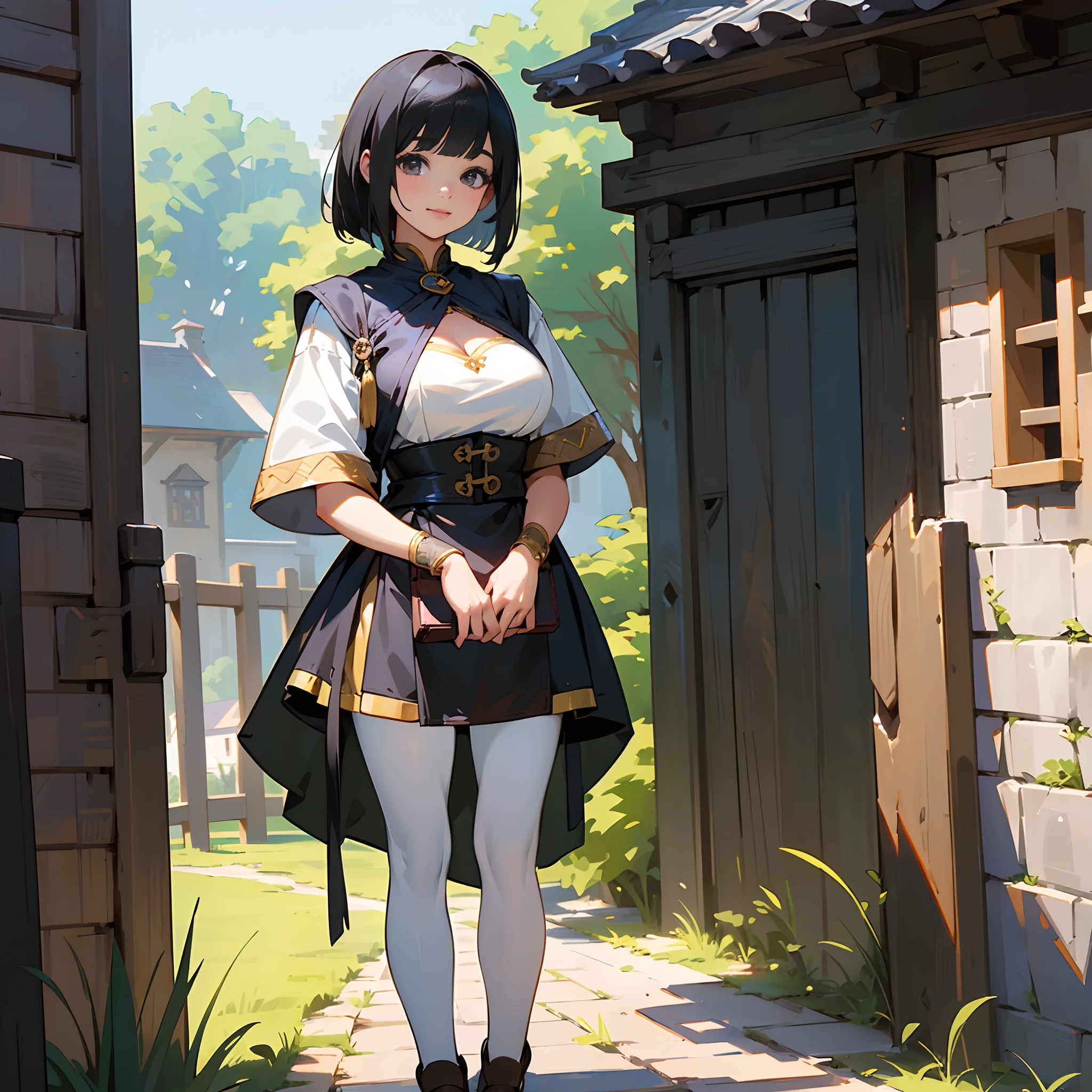 With the best image quality、age girl standing alone outdoors。In high resolution、Beautiful fine details、tranquil atmosphere。((Black Hair Bob Hair))、Cute smile。(((breasts are large)))、I don't have anything in my hands、realistic hand、Medieval European national costume with short sleeves、Medieval European Streets、Leather shoes。