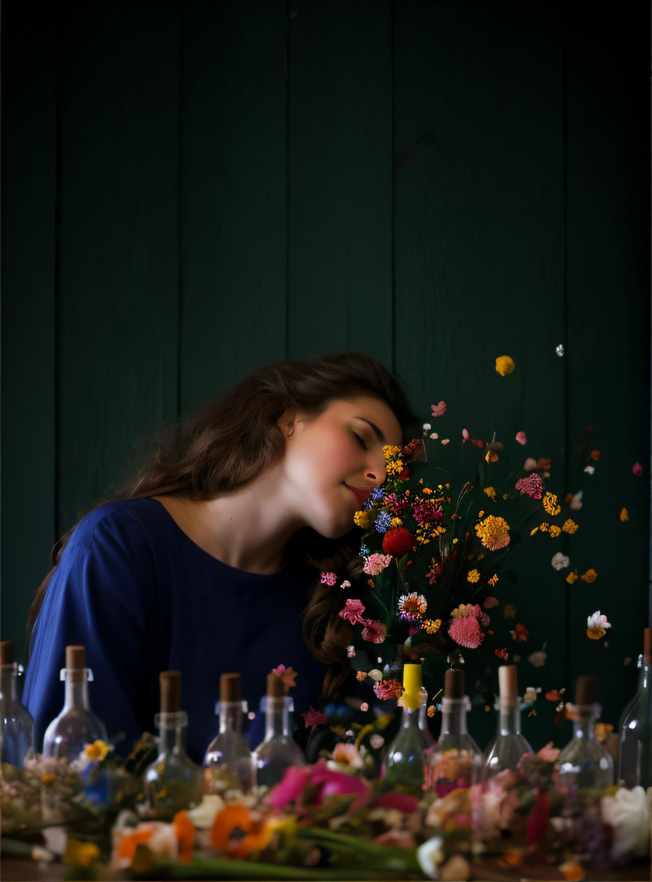 There was a woman sitting at a table，Lots of bottles and flowers on the table, flower storm portrait, woman in flowers, the girl made out of flowers, female portrait with flowers, girl in a bed of flowers, made of dried flowers, flowers exploding and spraying, Girl in flowers, made of flowers, made of colorful dried flowers, floating in perfume, made of wildflowers