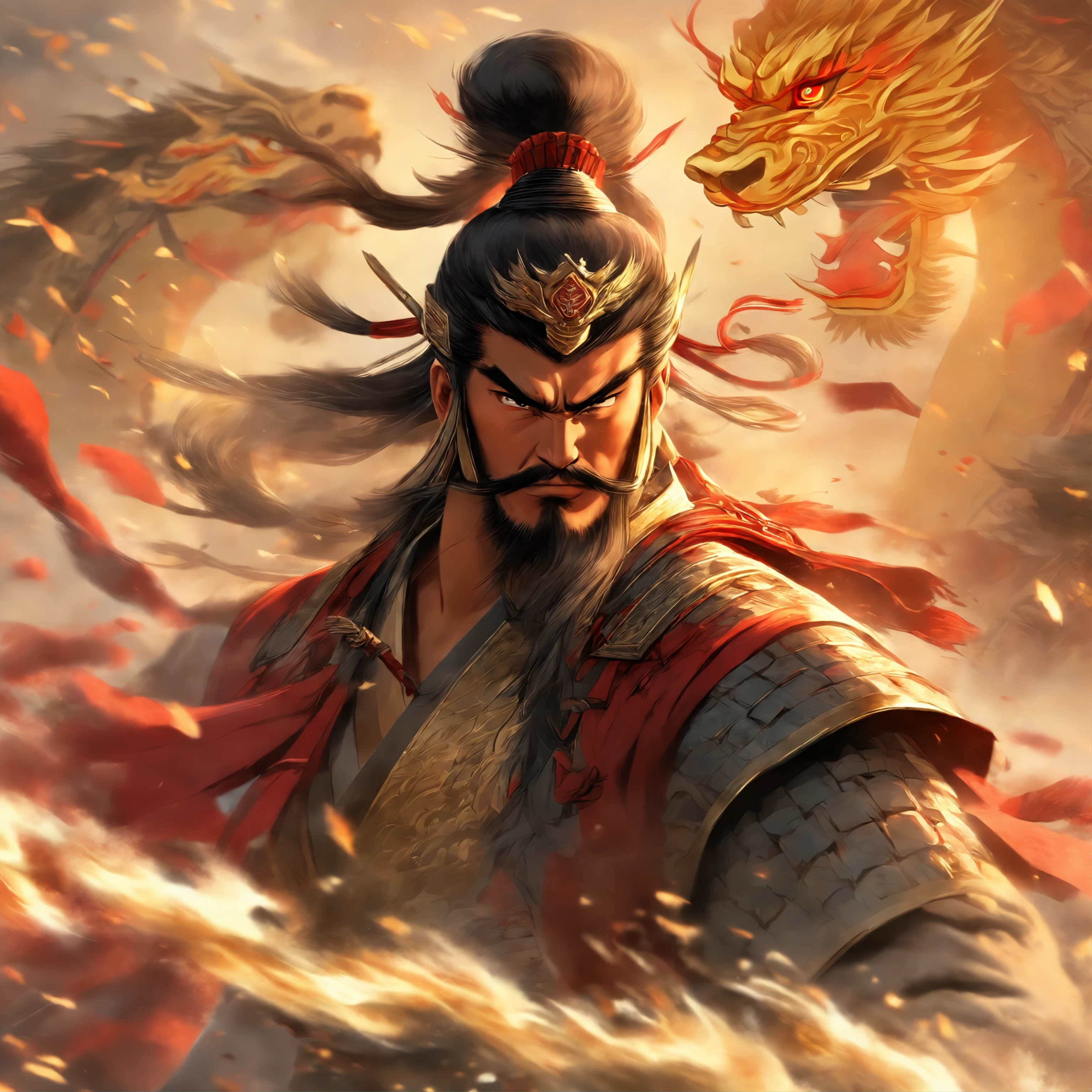 (best quality,4k,8k,highres,masterpiece:1.2),ultra-detailed,(realistic,photorealistic,photo-realistic:1.37),Chinese general,traditional art style,richly colored uniforms,vivid and dynamic brushstrokes,ancient battlefield setting,warrior spirit,ornamental armor and helmet,symbolic horse,commanding presence,courageous expression,heroic posture,historical portrait,proud and noble features,ink and wash painting style,finely detailed facial features,dynamic composition,imposing stature,strategic battlefield map,strong and confident gaze,fierce determination,bursting energy,ancient war flag,foggy ambiance,golden sunlight illuminating the scene,traditional Chinese calligraphy in the background,authentic battle scene,attention to historical accuracy,dynamic motion,commanding army in the distance,majestic mountains as backdrop,impressive battle formation,martial arts expertise and weapons proficiency,wisdom and leadership,aura of authority,atmospheric perspective,dramatic lighting,heroic legend,classic Chinese metaphor,strong sense of tradition and cultural heritage