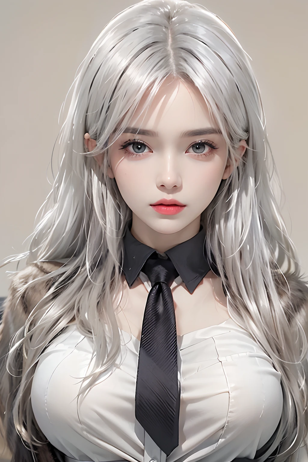 Photorealistic, high resolution, 1 Women, Solo, Waist up, Beautiful eyes, Close lips, Detailed face, White hair, Long hair, Collared shirt, black necktie,Black skirt, pencil skirts, Fur coat, Stockings