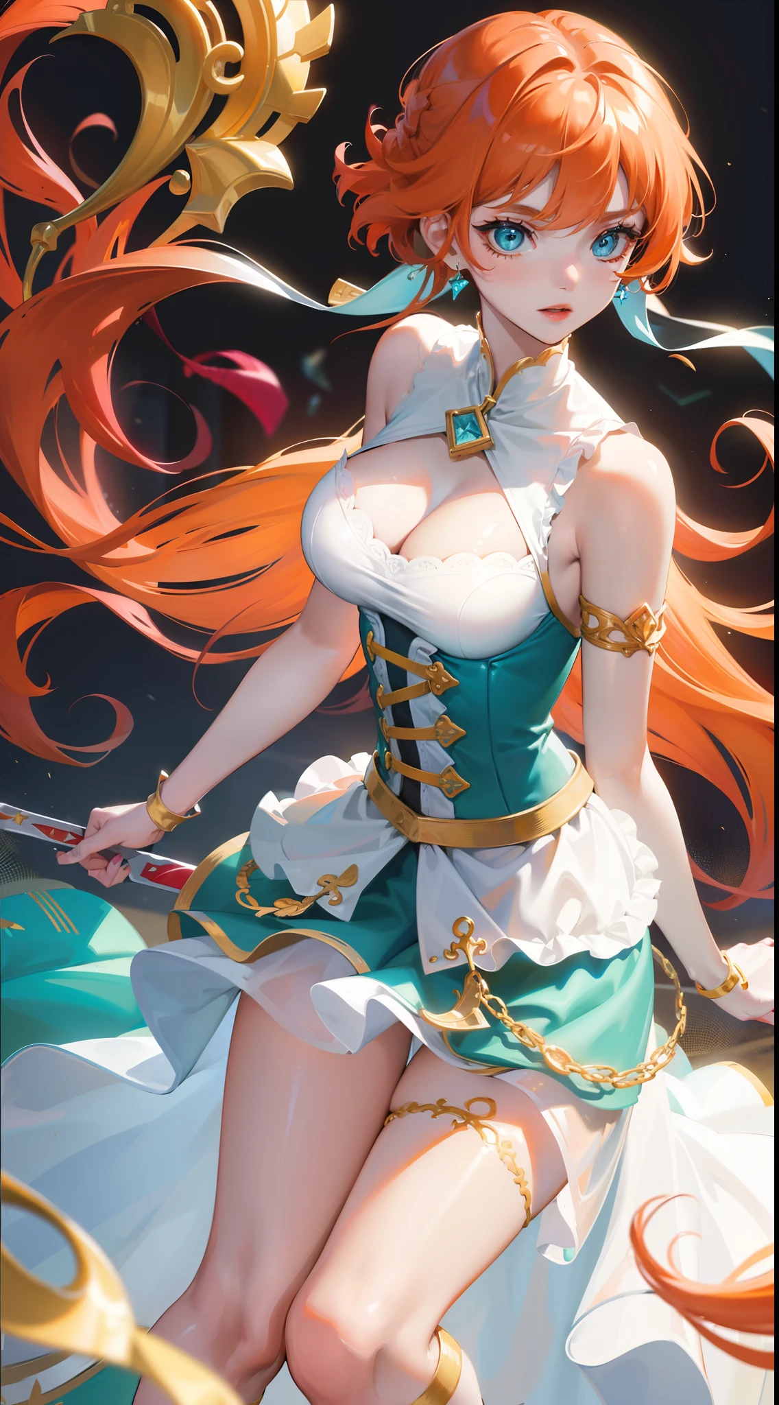 young girl, llong orange hair, Cyan eyes, white fencing dress, Sleeveless, open breasts, long skirt, sword, Gold Elements, gems, Masterpiece, hiquality