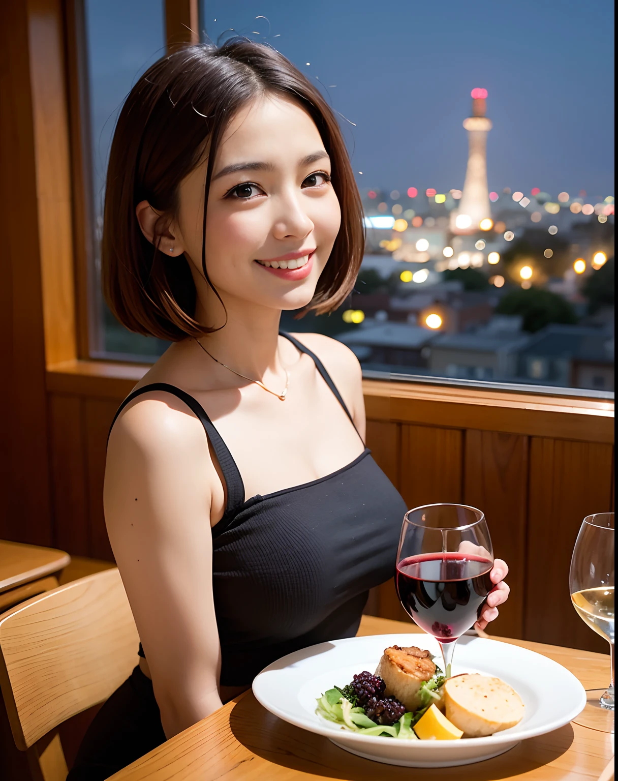 (64K, UHD, top quality, masterpiece: 1.2), (realistic, photorealistic: 1.37), super detailed, pretty woman 1 person, (slim face), (slim body), (brown hair), (short cut), cheeks slightly blushing, (44 years old), 38 years old, solo, beautiful detailed urban night view outside the window, restaurant, wine glasses sit, at night, in a prominent placeNovaFrogStyle, Actress, Model, Waist Up, White Wine, Slim, Wine Glass, Super Clean Night View, Wine Glass Put in the Middle, Happy Smile, (Smile: 1.15), Beautiful Fine Eyes, Upper Body, Bust Japan Up, Night, Short, Short, Actress, Model, Waist Up, White Wine, Slim, Wine Glass, Super Clean Night View, Wine Glass Put in the Middle, Happy Smile,