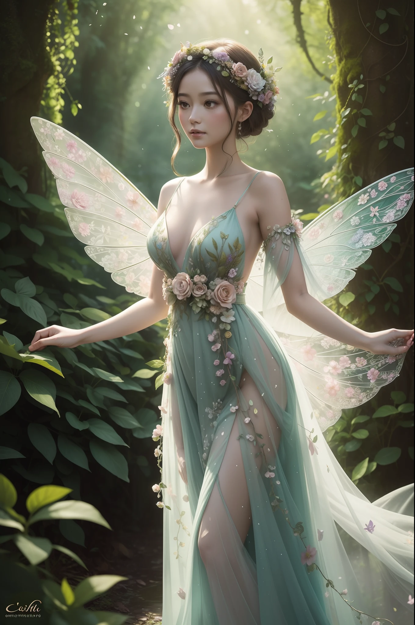 Flower fairy as the center of a whimsical forest scene where vibrant flowers and lush greenery create a magical backdrop. Flower Fairy, A delicate and ethereal existence, florals々Hovering gracefully, Her gossamer wings shimmer in the mottled sunshine. She wears a gown woven with petals and leaves, Decorated with intricate floral patterns that reflect her surroundings.