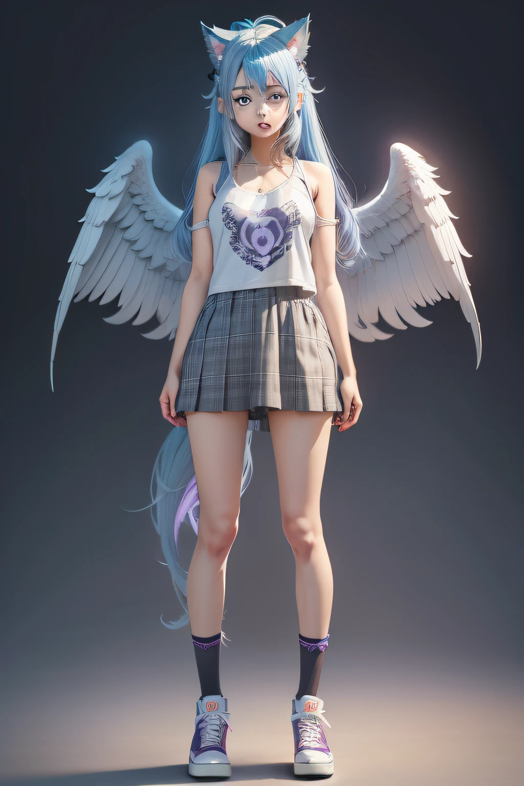 anime girl with blue hair and angel wings standing, full body adoptable, long haired humanoid fursona, character adoptable, single character full body, furaffinity fursona, full body sprite, anime style character, with converse, grey tanktop, purple plaid shirt, two fluffy tails and cat ears