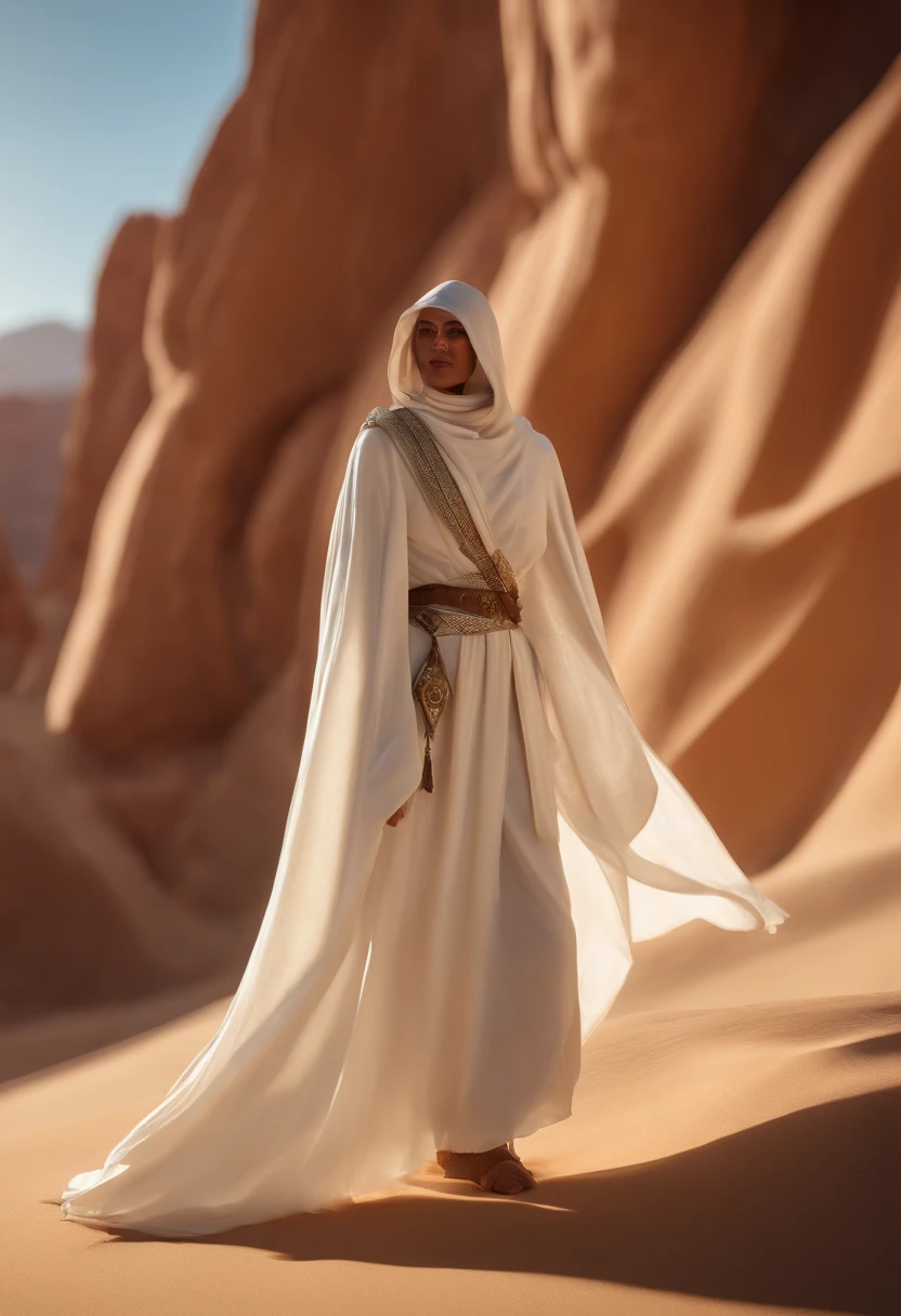 prey-mantis, white robe, in desert, oasis in background, dungeons and dragons, rpg, hi res, 4k, 8k, 16k, bright sun, ultrahd,realistic, photon mapping, radiosity, cinematic lighting, sharp focus,,, ultrahigh res, best quality, cinematic epic + rule of thirds, volumetric lighting, volumetric light, concept art, portait image, path tracing, serene landscape, high quality, highly detailed, 8K,, warm colors, concept art,