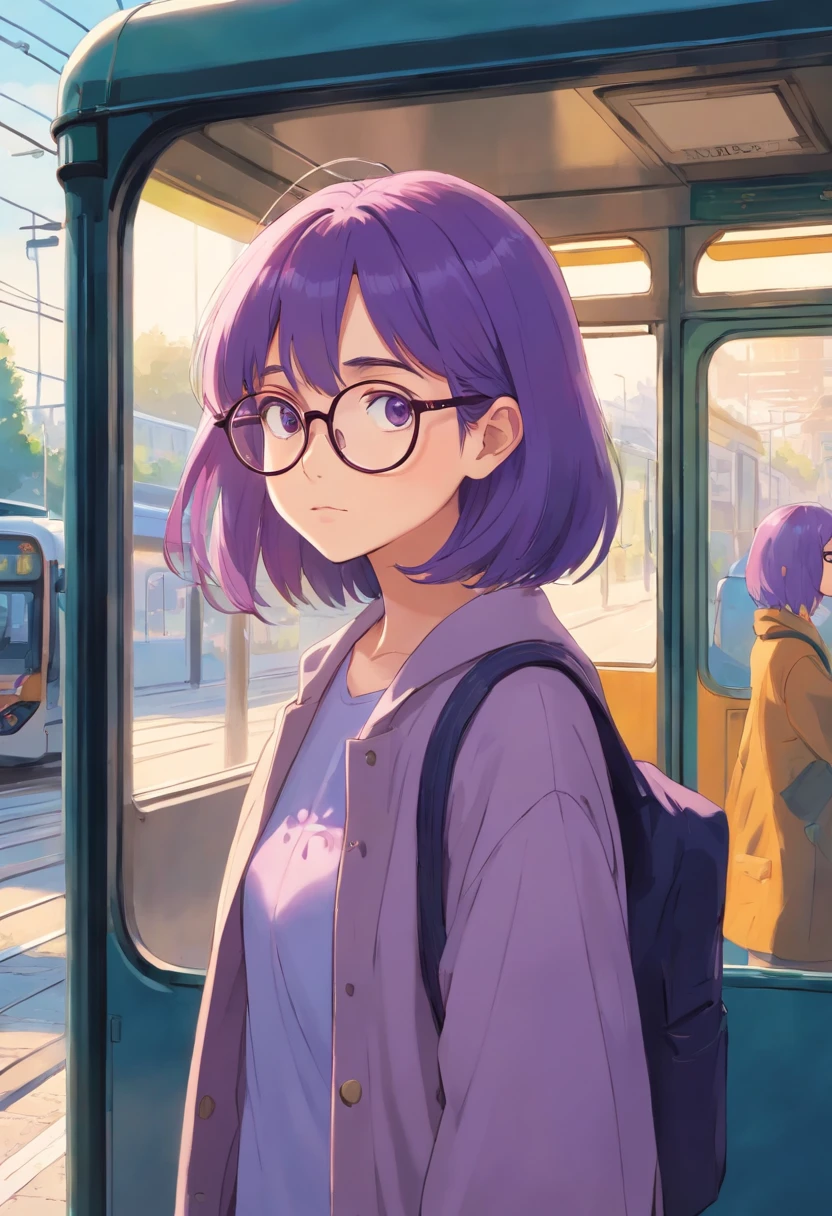 girl with glasses,with purple hair,In the morning,waiting for the tram at the bus stop