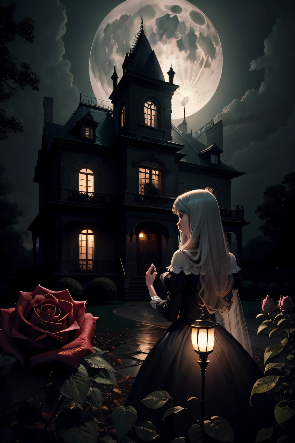 gloomy mansion full moon night with rose garden