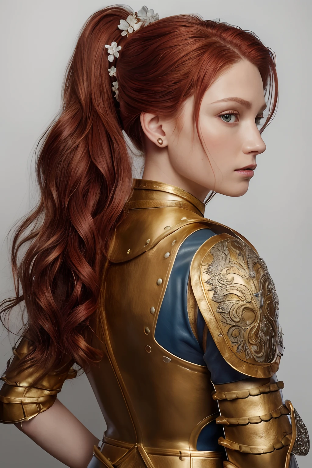 (8k, RAW photo, best quality, masterpiece:1.2), (realistic, photo-realistic:1.4), (extremely detailed CG unity 8k wallpaper), a full body (rogue:1.1) female wearing gold (leather armor:1.3), stiched worn out armor, (insanely detailed:1.5), gold and (white:1.5), Concept art portrait by Greg rutkowski, Artgerm, hyperdetailed intricately detailed gothic art trending on Artstation, fantastical, intricate detail, (small blue highlights:1), (redhead, wavy hair, high ponytail: 1.4)