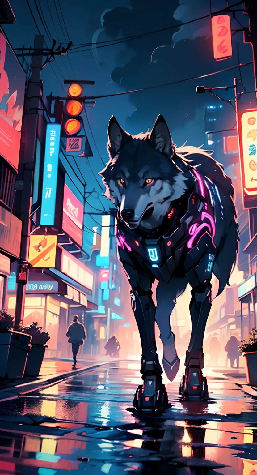 (((A mechanical wolf,cyborg wolf,cyborg-wolf,animal,wolf robot))),no human,detailed wolf,

(dynamic pose:1.0),solo focus,(centered,scale to fit dimensions,Rule of thirds),

cyberpunk city by the ocean at night, with bright neon signs and dark stormy clouds and puddles,

High resolution, sharp focus, (ultra detailed, extremely detailed), (photorealistic artwork:1.37), 8k wallpaper,((synthwave background theme)),(((vibrant colors,))),(intricate),masterpiece,(best quality),synthwave neon colors,