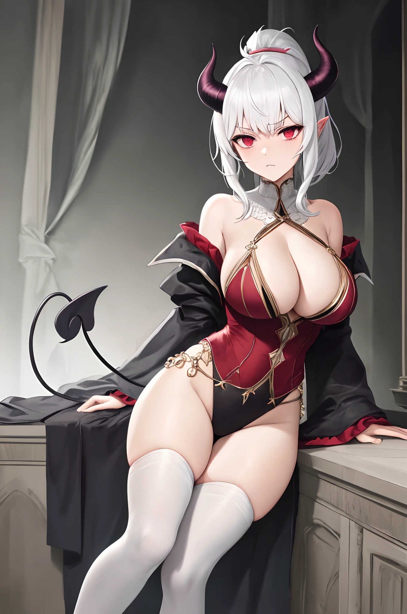 White hair,Big red eyes,horse tailed,The demons, short detailed hair,Ponytail hairstyle,Dashing, Manteau,longer sleeves,devil horns, Lori huge breasts cleavage,flatchest,Thin,Manteau, Lori huge breasts cleavage,leg loops,Demon tail,One guy,A look of disgust,Inside the gloomy castle,{{Best quality}}, {{Masterpiece}}, {{Ultra-detailed}}, {illustration}, {Detailed light}, {An extremely delicate and beautiful}