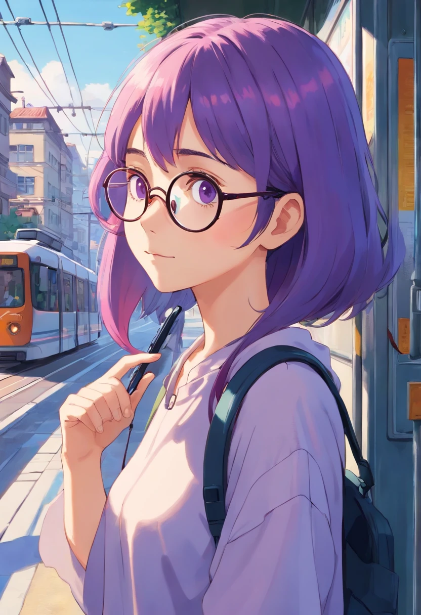 girl with glasses,with purple hair,In the morning,Waiting for the tram at the bus stop,In wireless headphones,with the phone in hand
