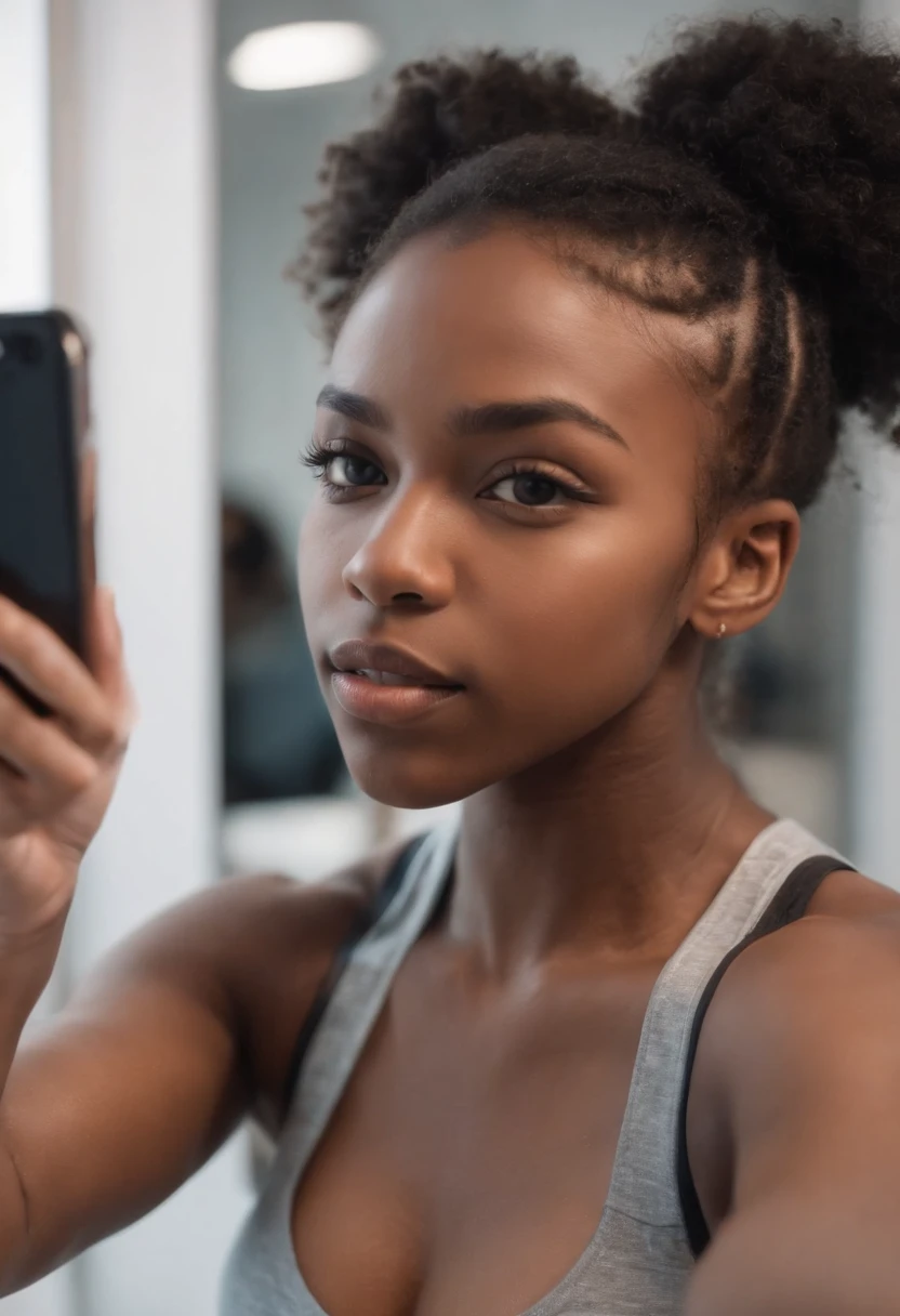 selfie black girl 18 years takes selfie in mirror and phone cover her face and she have six packs and muscles and wear sportswear