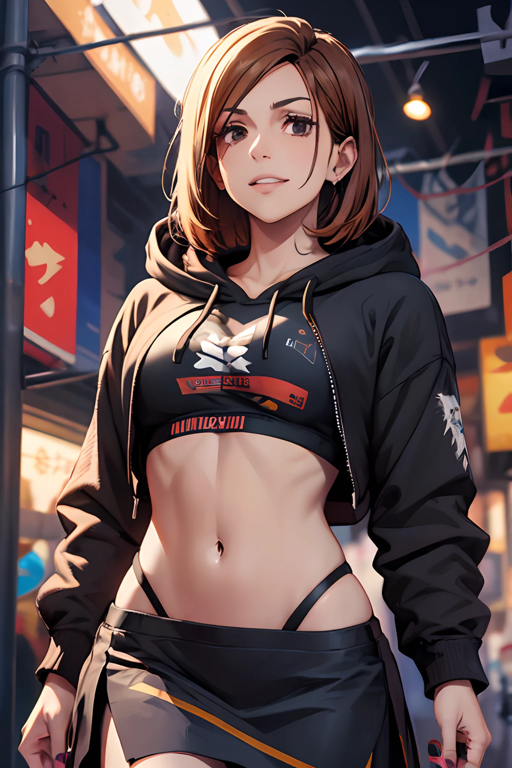 1girl, linda NobaraJK, mangas compridas, capuz brancos, hood_down, hoodie, saia, sorriso, cropped_hoodie, umbigo, crop_top, nail_polish, stomach, black_hoodie, black_skirt, diafragma, pregueada_saia, volumeric lighting, melhor qualidade, obra-prima, detalhes intrincados, mapeamento de tom, foco nítido , hiperdetalhado, trending on ArtStation,