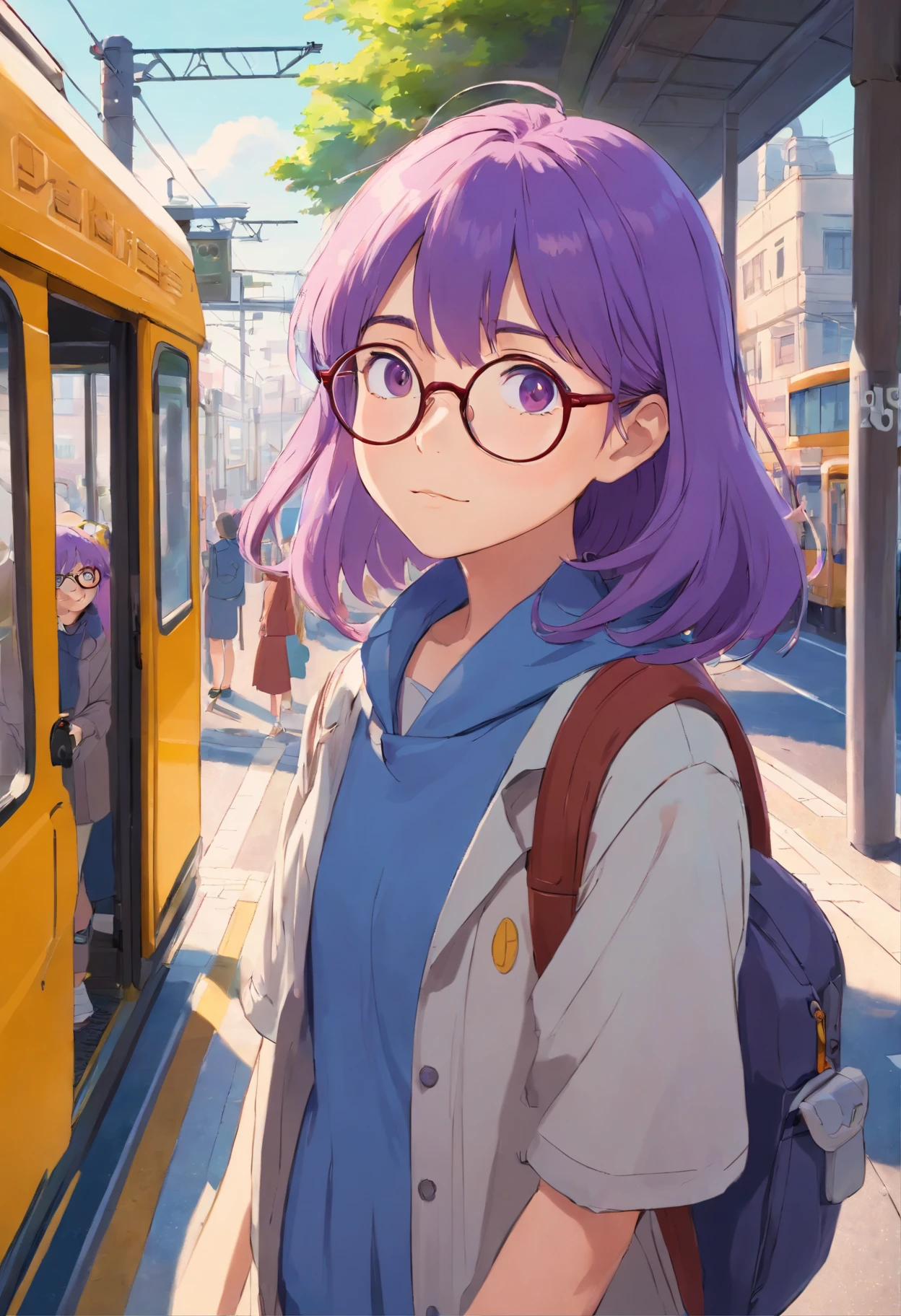 girl with glasses,with purple hair,In the morning,waiting for the tram at the bus stop