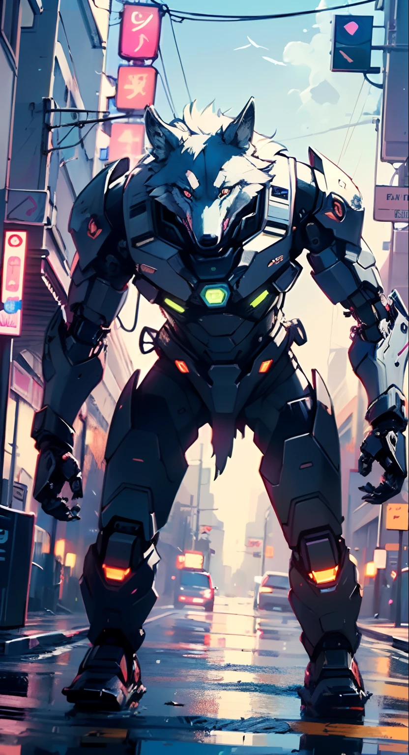 (((A mechanical wolf,cyborg wolf,cyborg-wolf,animal,wolf robot))),no human,detailed wolf,
(dynamic pose:1.0),solo focus,(centered,scale to fit dimensions,Rule of thirds),
cyberpunk city by the ocean at night, with bright neon signs and dark stormy clouds and puddles,
High resolution, sharp focus, (ultra detailed, extremely detailed), (photorealistic artwork:1.37), 8k wallpaper,((synthwave background theme)),(((vibrant colors,))),(intricate),masterpiece,(best quality),synthwave neon colors,