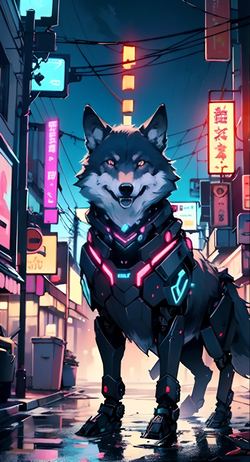 (((A mechanical wolf,cyborg wolf,cyborg-wolf,animal,wolf robot))),no human,detailed wolf,

(dynamic pose:1.0),solo focus,(centered,scale to fit dimensions,Rule of thirds),

cyberpunk city by the ocean at night, with bright neon signs and dark stormy clouds and puddles,

High resolution, sharp focus, (ultra detailed, extremely detailed), (photorealistic artwork:1.37), 8k wallpaper,((synthwave background theme)),(((vibrant colors,))),(intricate),masterpiece,(best quality),synthwave neon colors,