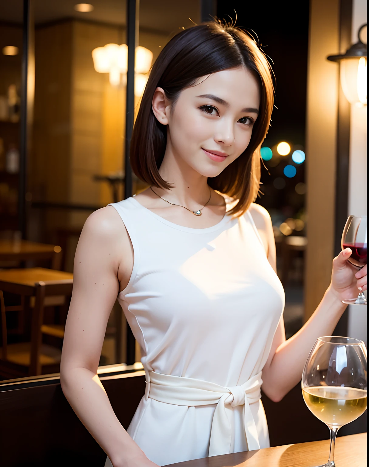 (64K, UHD, top quality, masterpiece: 1.2), (realistic, photorealistic: 1.37), super detailed, pretty woman 1 person, (slim face), (slim body), (brown hair), (short cut), cheeks slightly blushing, (44 years old), 38 years old, solo, beautiful detailed urban night view outside the window, restaurant, wine glasses sit, at night, in a prominent placeNovaFrogStyle, Actress, Model, Waist Up, White Wine, Slim, Wine Glass, Super Clean Night View, Wine Glass Put in the Middle, Happy Smile, (Smile: 1.15), Beautiful Fine Eyes, Upper Body, Bust Japan Up, Night, Short, Short, Actress, Model, Waist Up, White Wine, Slim, Wine Glass, Super Clean Night View, Wine Glass Put in the Middle, Happy Smile,