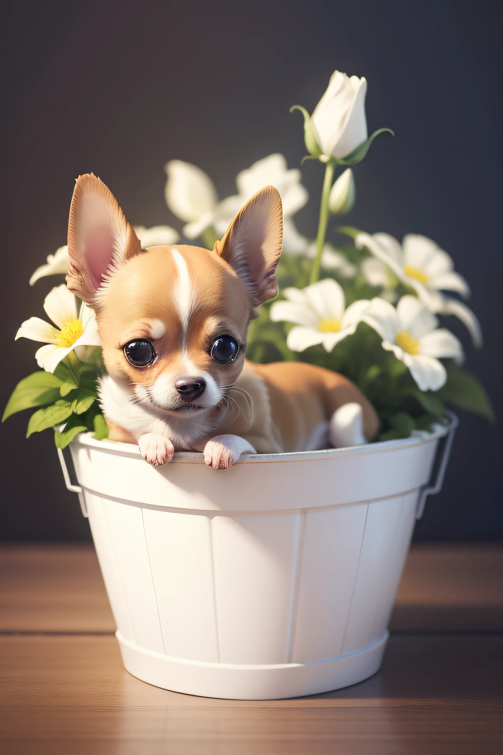 Design Chihuahua in bucket of flower with white background, detailed illustration by the style of cartoon