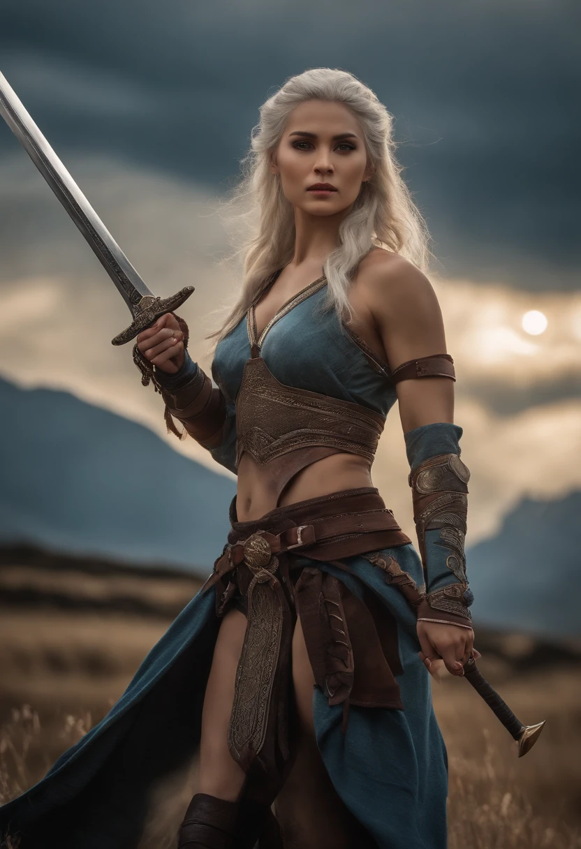 masterpiece、top-quality、Movie stills、woman swordsman、Female Warrior、Perfect eye depiction、30-years old、very muscular、Less body fat、Developed abs、Long fluffy light blue hair、sufficiently tanned skin、One arm is raised behind the head、Holding a sword in one hand、Nordic beauty、thin eyebrows、proud、goodlooking、Perfect proportions、huge tit、big breasts thin waist、A sexy、big breasts thin waist、maikurobikini、T back、Armor on the shoulder、Armor on the arm、耳环、Powerful posture、Depicts the whole body、 (best quality, 8K, masterpiece:1.2), ultra-detailed, realistic:1.37, HDR, UHD, studio lighting, ultra-fine painting, sharp focus, physically-based rendering, extreme detail description, professional, vivid colors, bokeh, portraits, landscape, art nouveau, warm color palette, atmospheric lighting