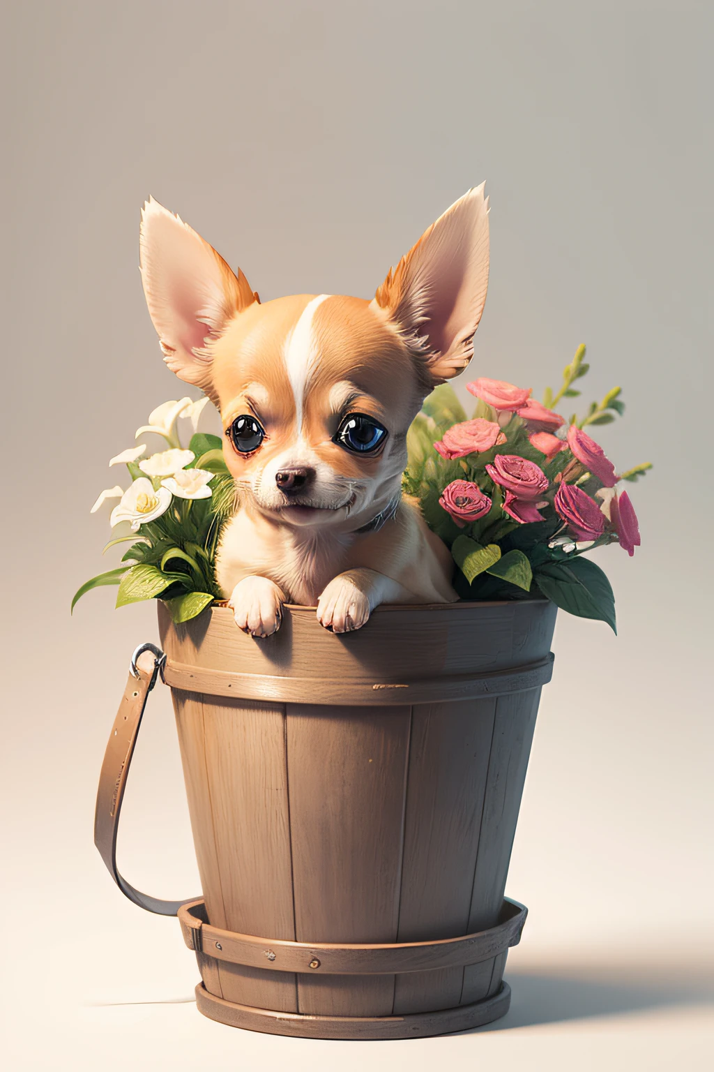 Design Chihuahua in bucket of flower with white background, detailed illustration by the style of cartoon