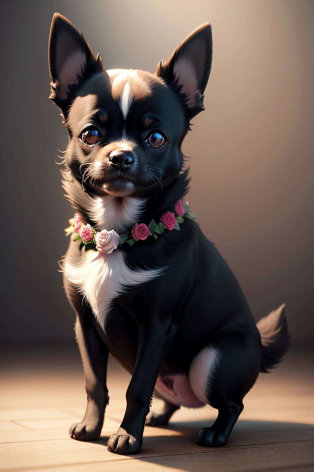 baby chubby Dog cute Black Chihuahua Holding roses.3D, ultra hd, realistic, vivid colors, highly detailed, UHD drawing, pen and ink, perfect composition, beautiful detailed intricate insanely detailed octane render trending on artstation, 8k artistic photography, photorealistic concept art, soft natural volumetric cinematic perfect light