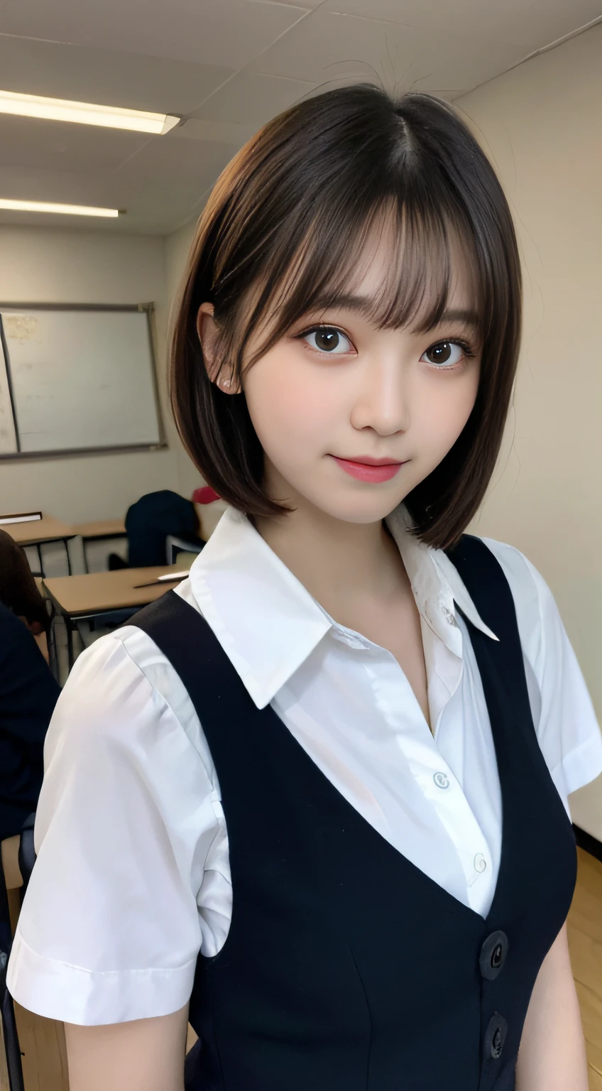 Top quality, RAW photos, Super high resolution, 17-year-old South Korean, very large round breasts, Shiny black hair, Bob cut, short cut, Match bangs, school uniform, shirt, ribbon, White dress, Simple hair accessories, Beautiful eyes, Very thin mouth, Smile,, beautiful eyes in detail, slender eyes, Dark cheek makeup, Long eyelashes, beautiful double eyelid, eye shadows, Beautiful slender legs, Various poses like school, School Classroom,
