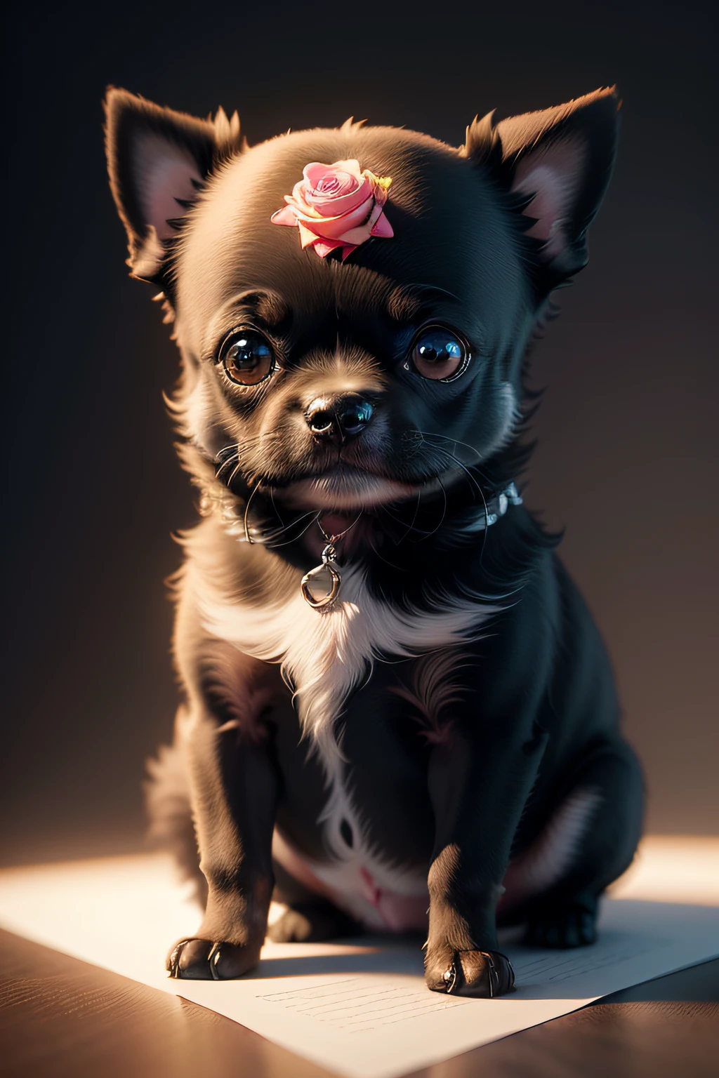 chubby Dog cute Black Chihuahua Holding roses.3D, ultra hd, realistic, vivid colors, highly detailed, UHD drawing, pen and ink, perfect composition, beautiful detailed intricate insanely detailed octane render trending on artstation, 8k artistic photography, photorealistic concept art, soft natural volumetric cinematic perfect light