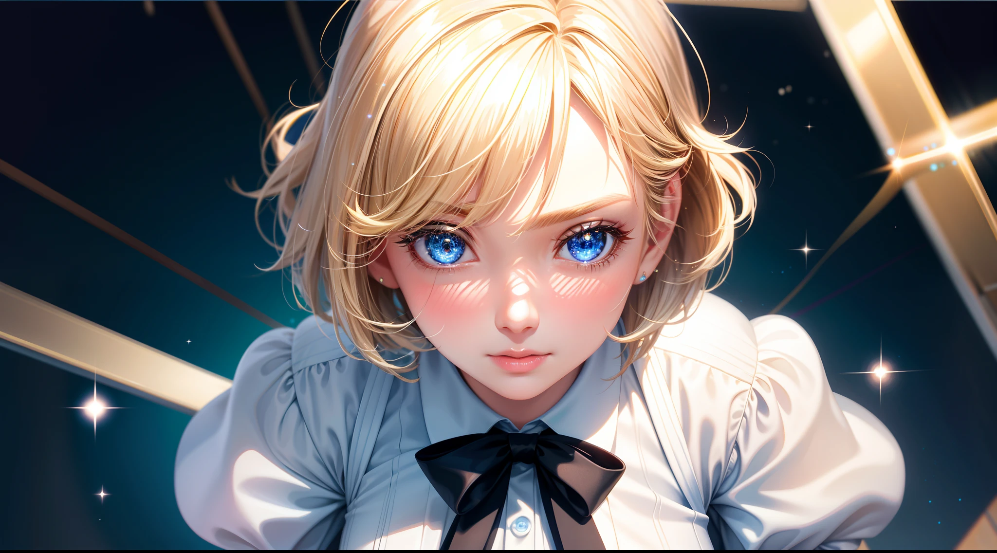 solo, 1 adult woman, short blonde hair, sparkling blue eyes, realistic, white shirt, black skirt, 8k resolution, close up shot, ultra-detailed, masterpiece, highest quality, pov, blush